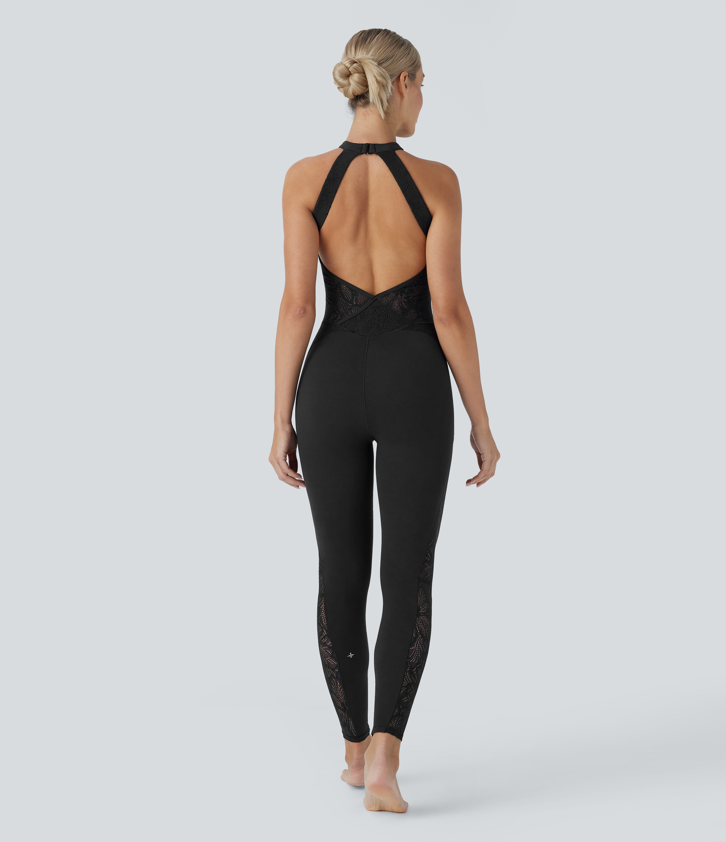 Black SoftlyZero™ Contrast Lace Skinny Yoga Jumpsuit-UPF50+ / 2