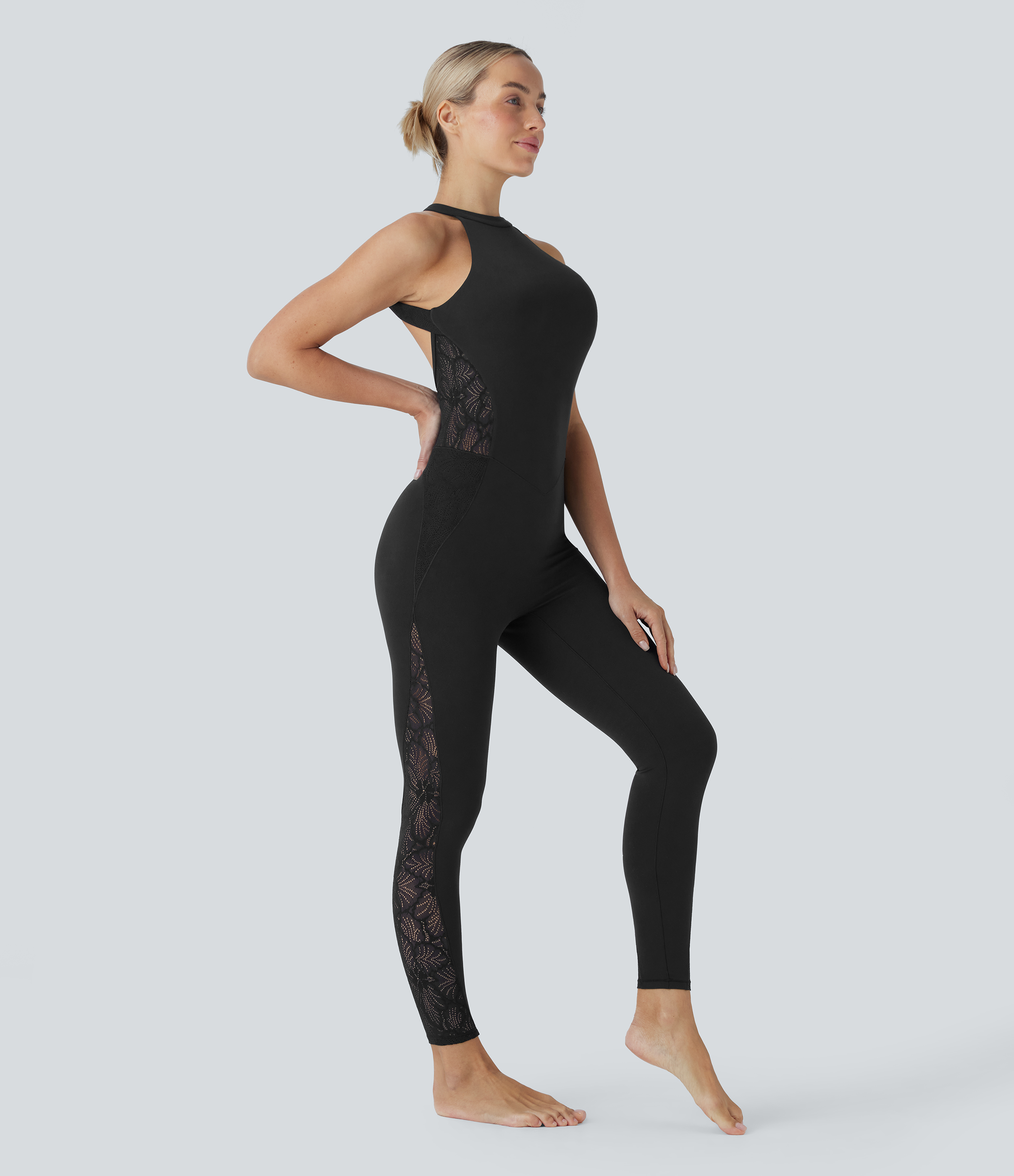 Black SoftlyZero™ Contrast Lace Skinny Yoga Jumpsuit-UPF50+ / 1