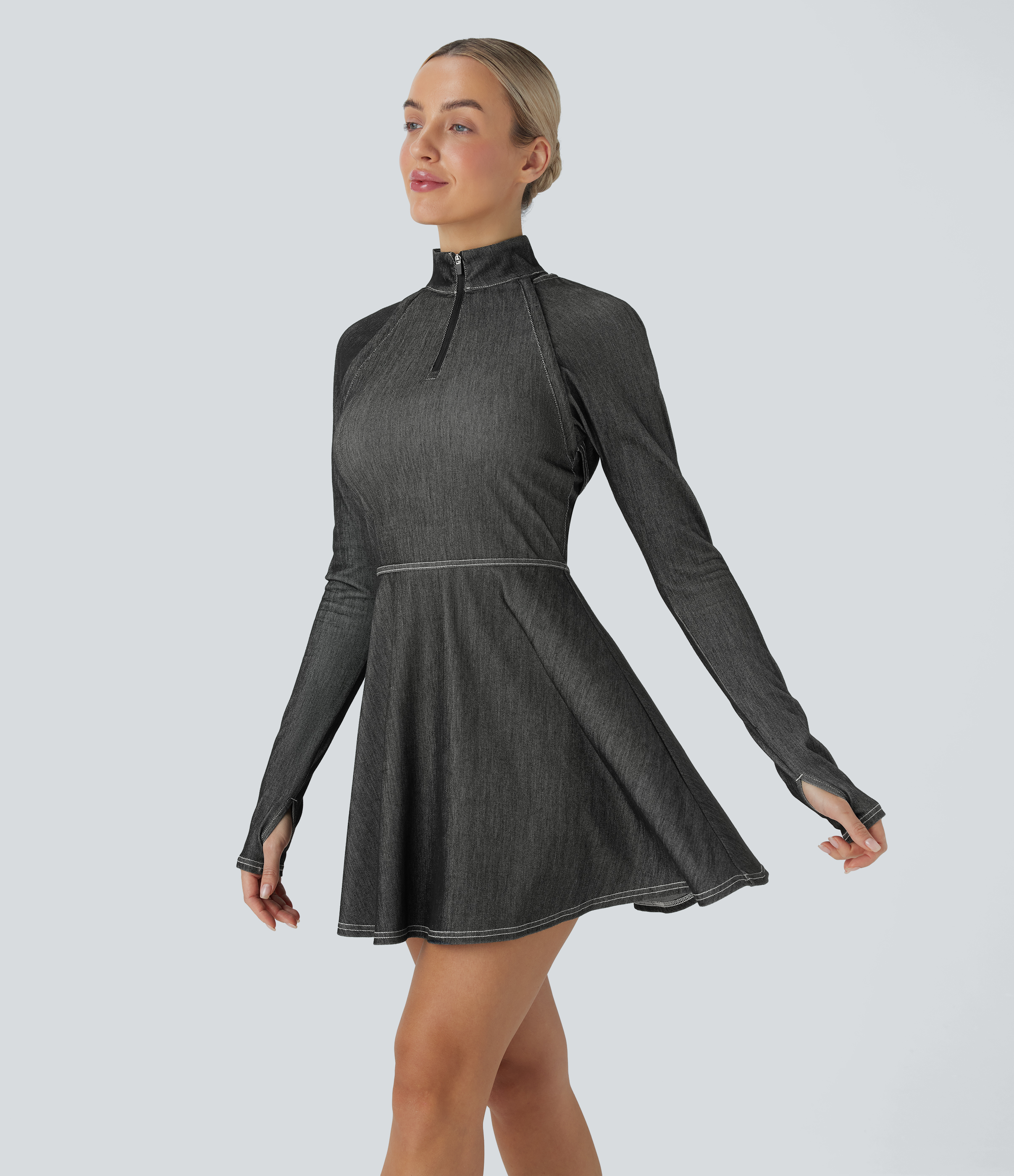 Halara Flex™ Zipper Removable Sleeve Thumb Hole Flare Mini InstantCool Washed Denim Tennis Active Dress
