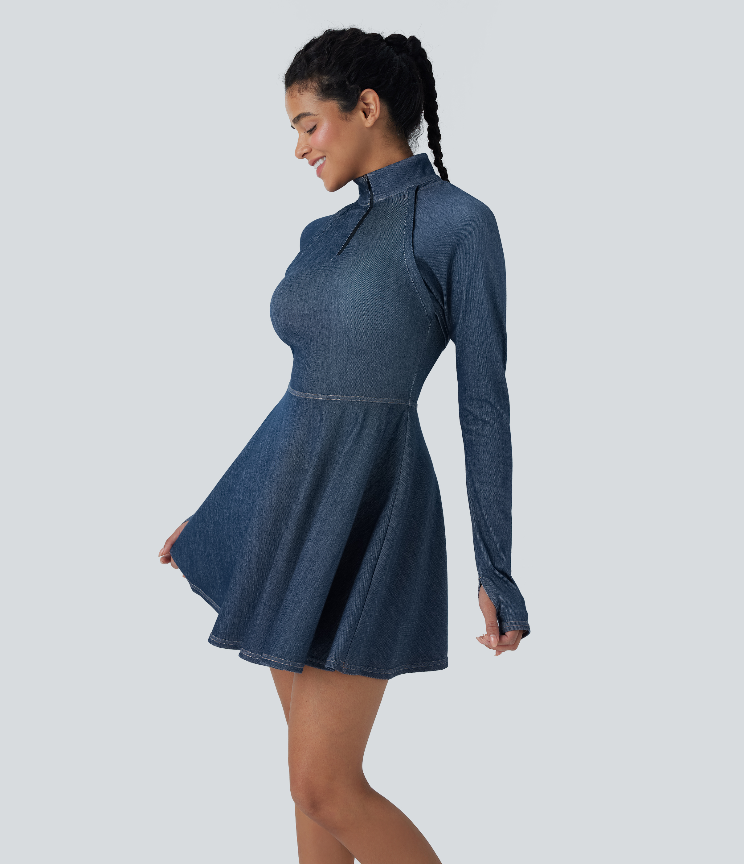 Halara Flex™ Zipper Removable Sleeve Thumb Hole Flare Mini InstantCool Washed Denim Tennis Active Dress