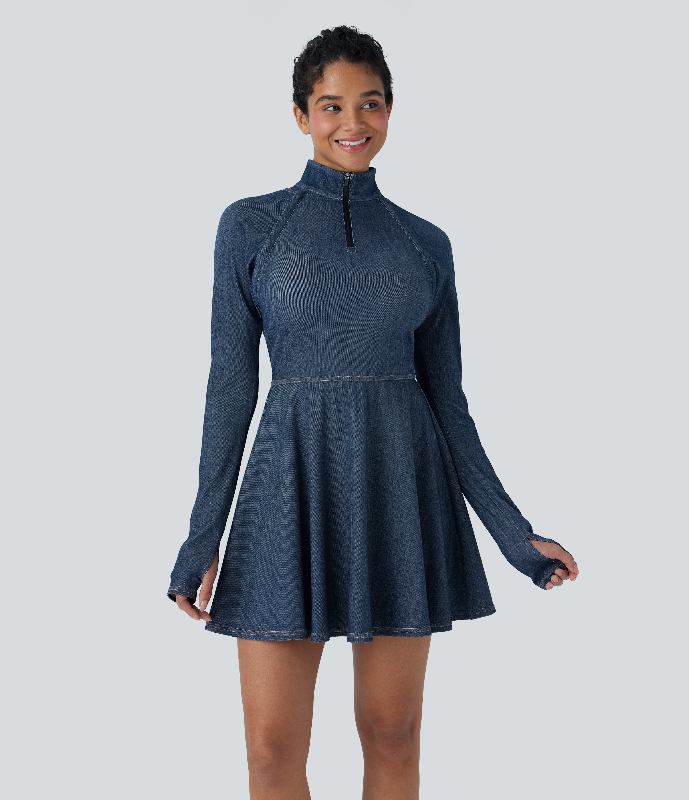 Halara – Halara Flex™ Reißverschluss Abnehmbare Ärmel Daumenloch Flare Mini Cool Touch Washed Stretchy Knit Denim Tennis Active Dress – Tide Blue Denim – L