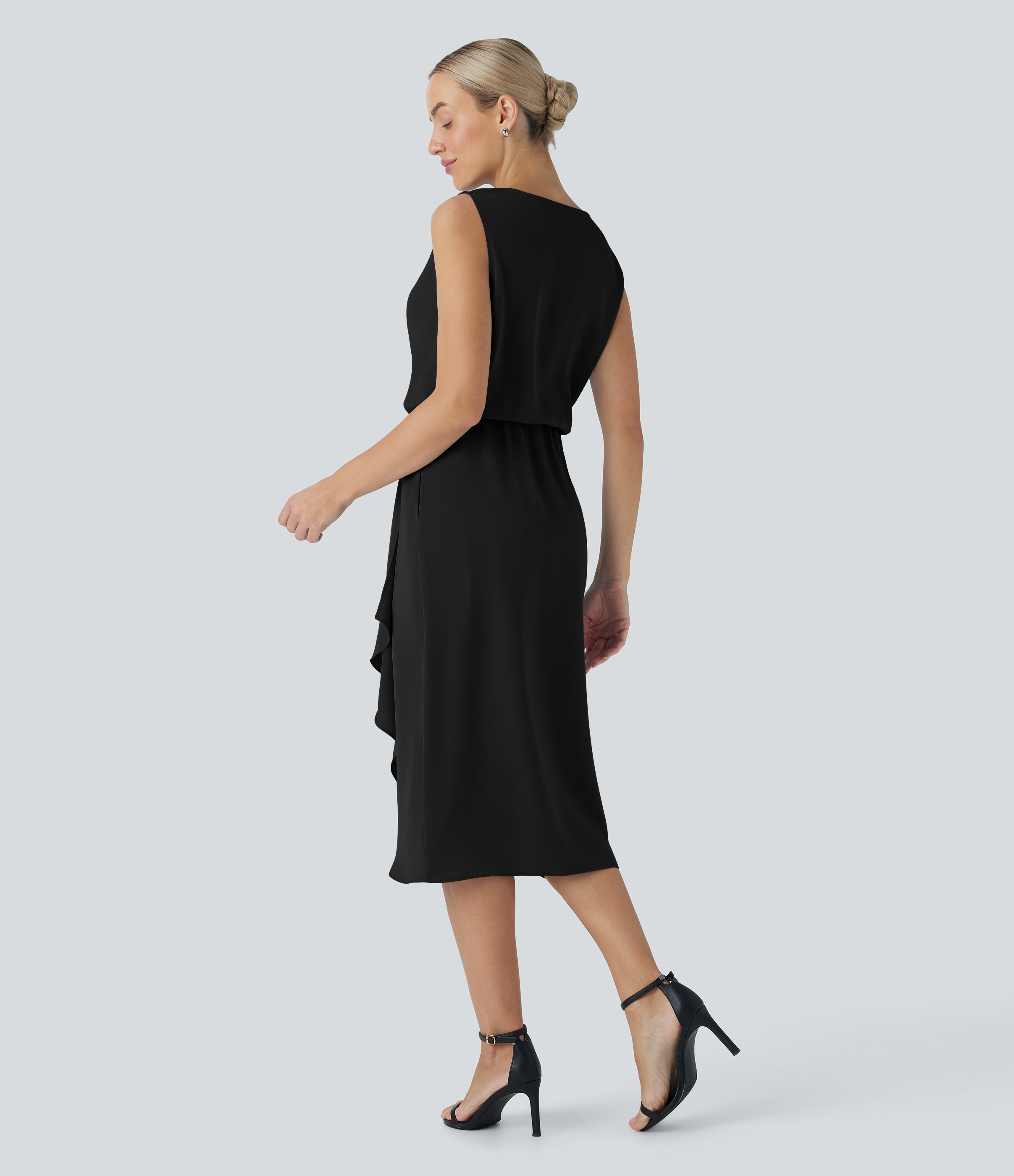 Noir Robe midi de voyage anti-froissage, sans manches, à encolure bénitier et ourlet croisé, avec poches / 2
