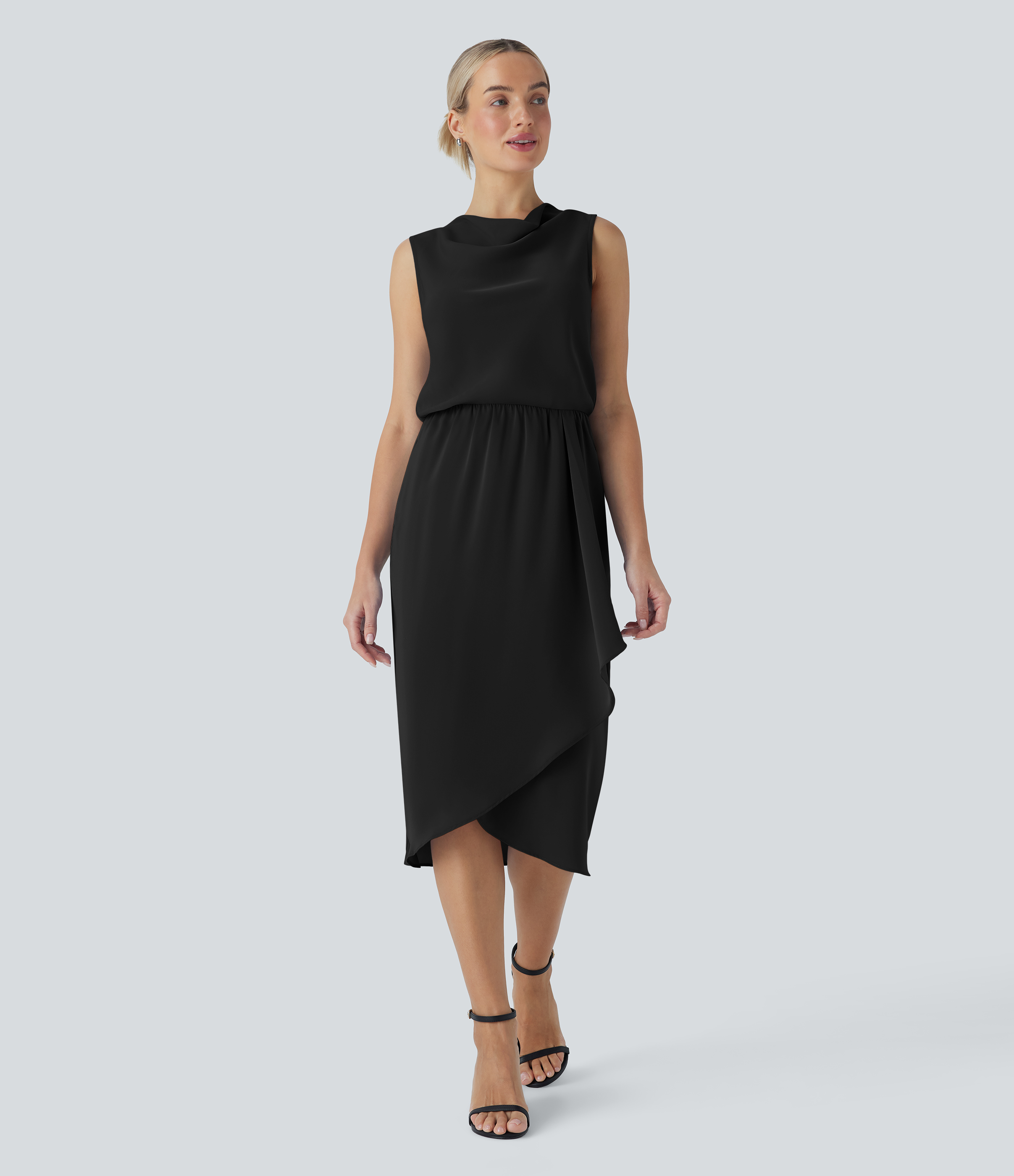 Wrinkle-resistant Cowl Neck Sleeveless Crossover Hem Midi Travel Dress with Pockets