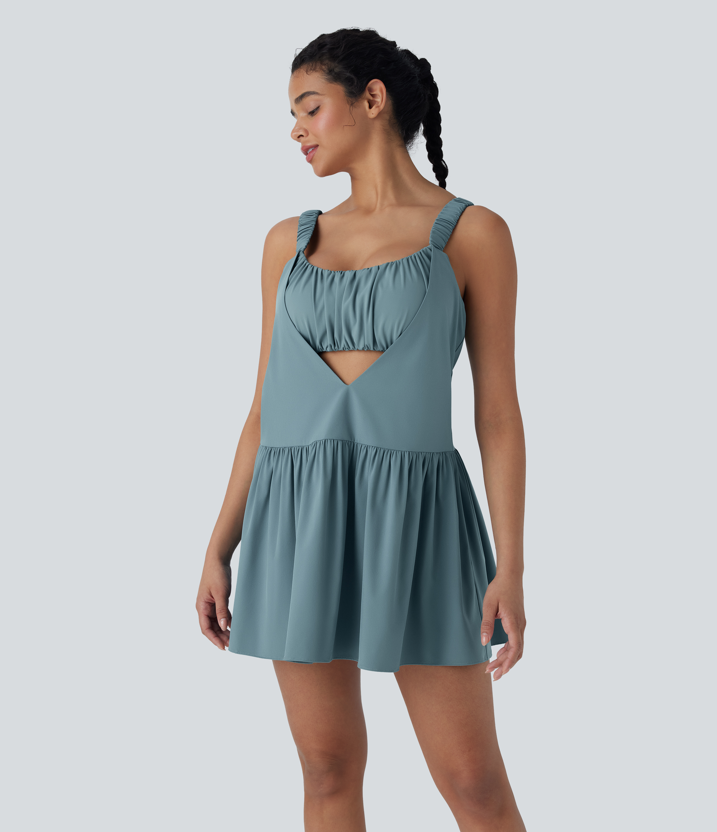 Stone Blue Vestido deportivo de dos piezas Breezeful™ para pádel abierto de espalda con fruncido y aberturas con secado rápido y bolsillo / 2