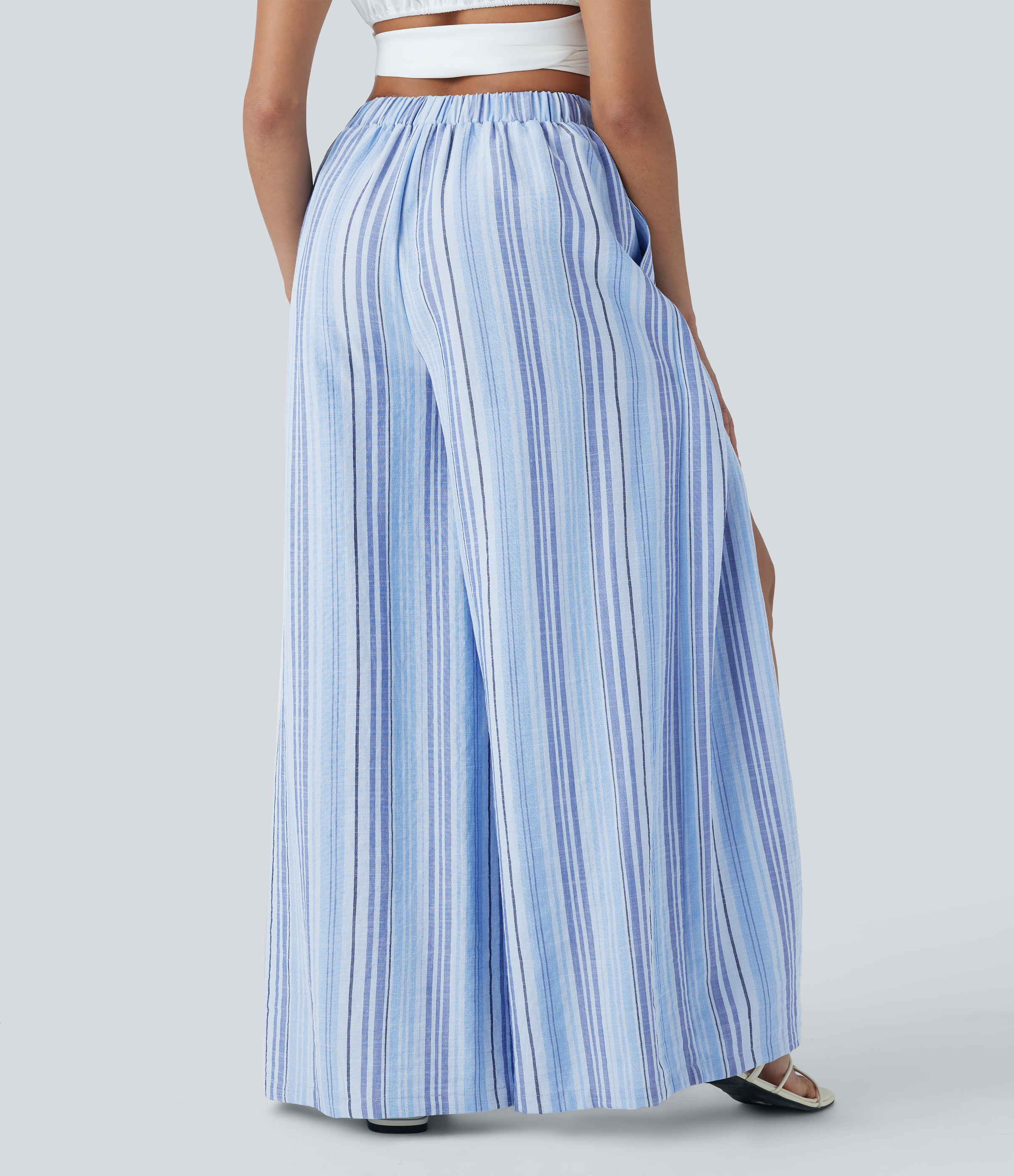 Bohemia Yarn Dye Blue Stripe Pantalones de lino con tiro alto, abertura y pierna ancha con bolsillos / 2