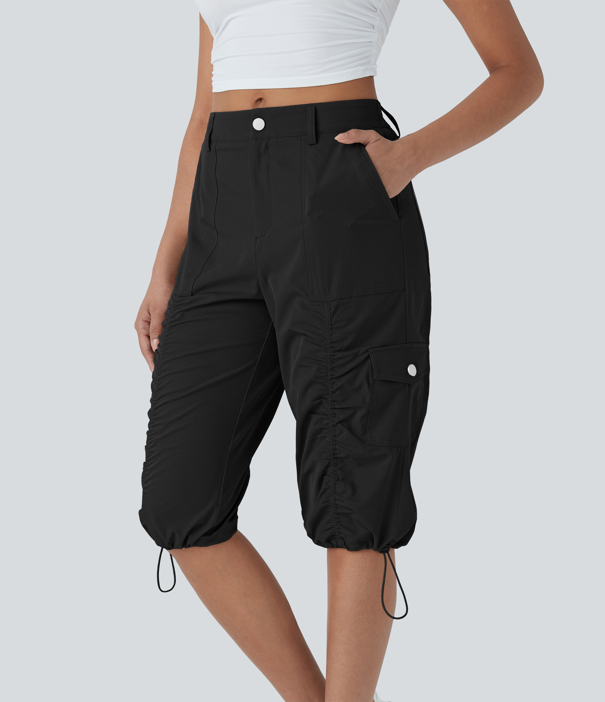 Mid-Rise Ruched Adjustable Drawcord Cargo Quick-Dry Casual Cropped Capri Trousers with Pockets