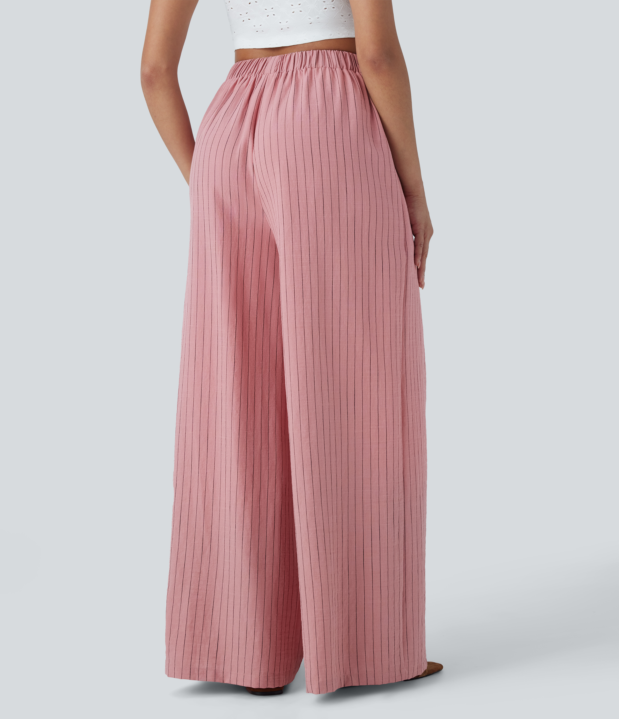 Candy Pink Black Yarn Dye Stripes High Waisted Stripe Wide Leg Linen-Feel Pants with Pockets / 2