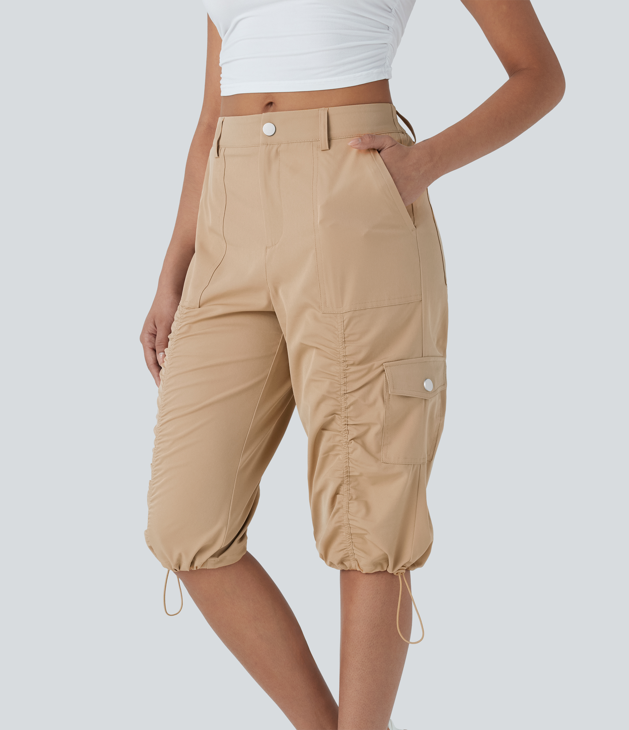 Pantalon corsaire cargo décontracté à taille moyenne, fronces, cordon ajustable, séchage rapide et poches