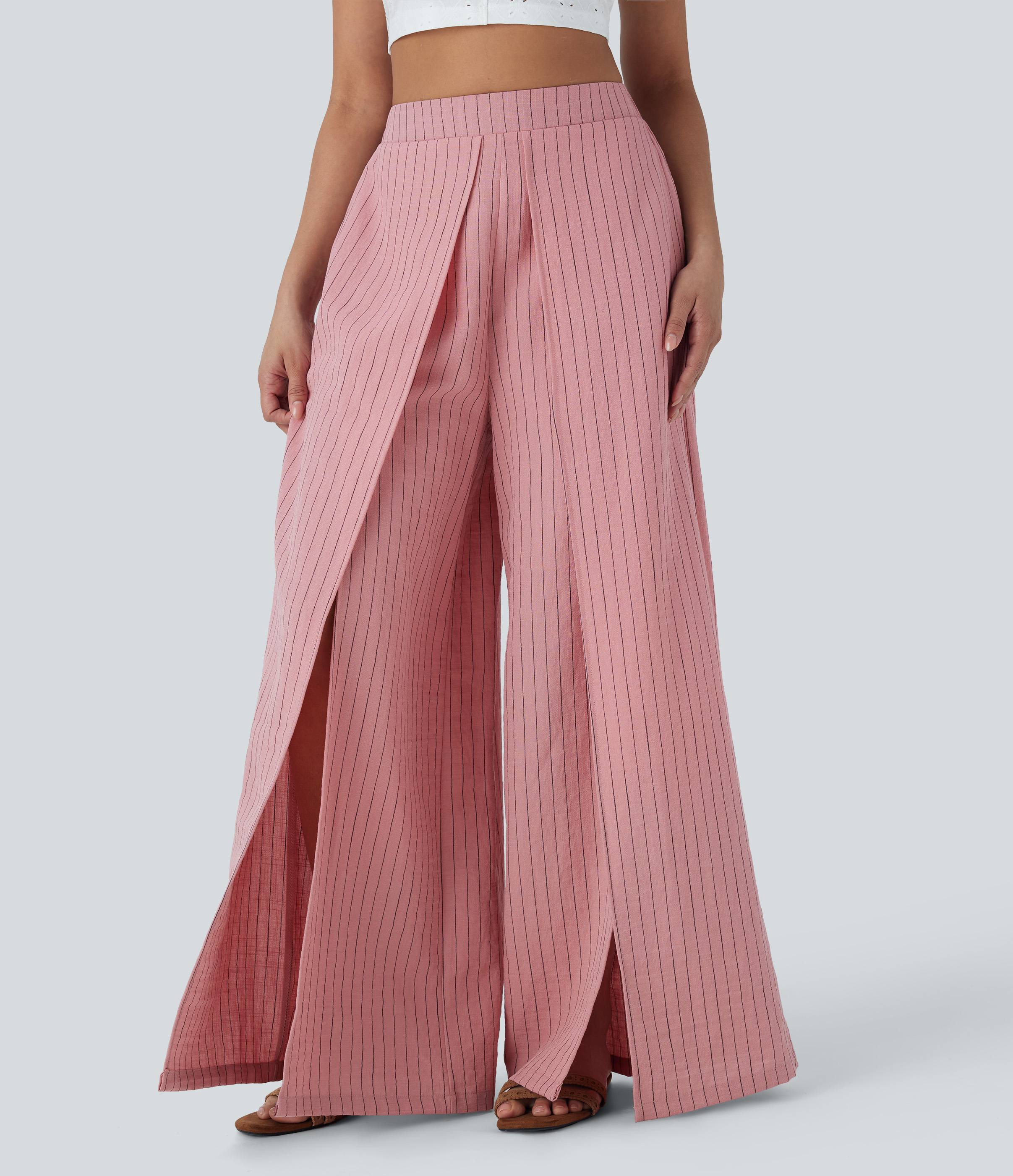 Candy Pink Black Yarn Dye Stripes High Waisted Stripe Wide Leg Linen-Feel Pants with Pockets / 1