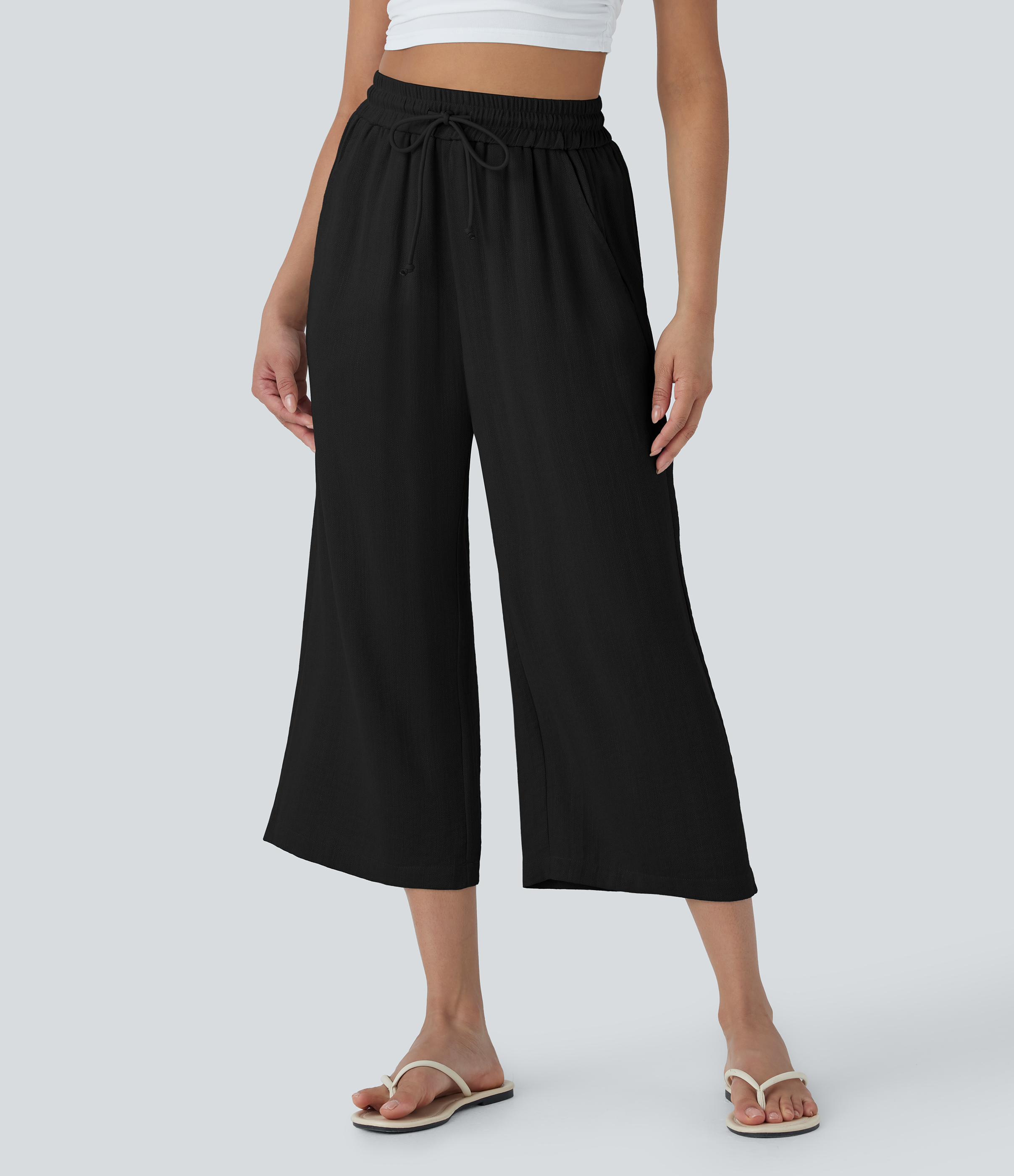 High Waisted Drawstring Wide Leg Cropped Casual Linen-Feel Pants with Pockets