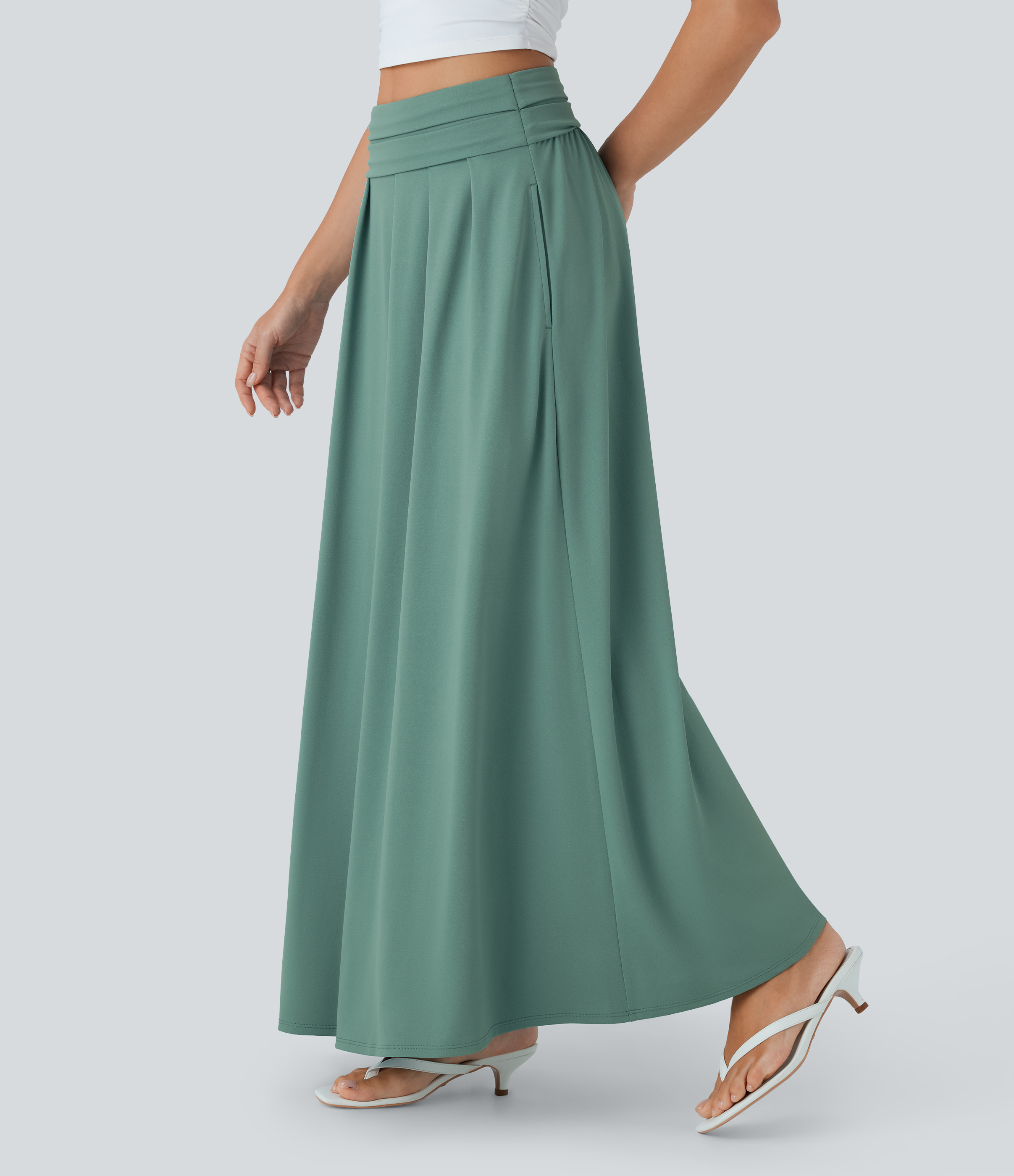 High Waisted Tummy Control Flare Maxi Casual Skirt with Pockets