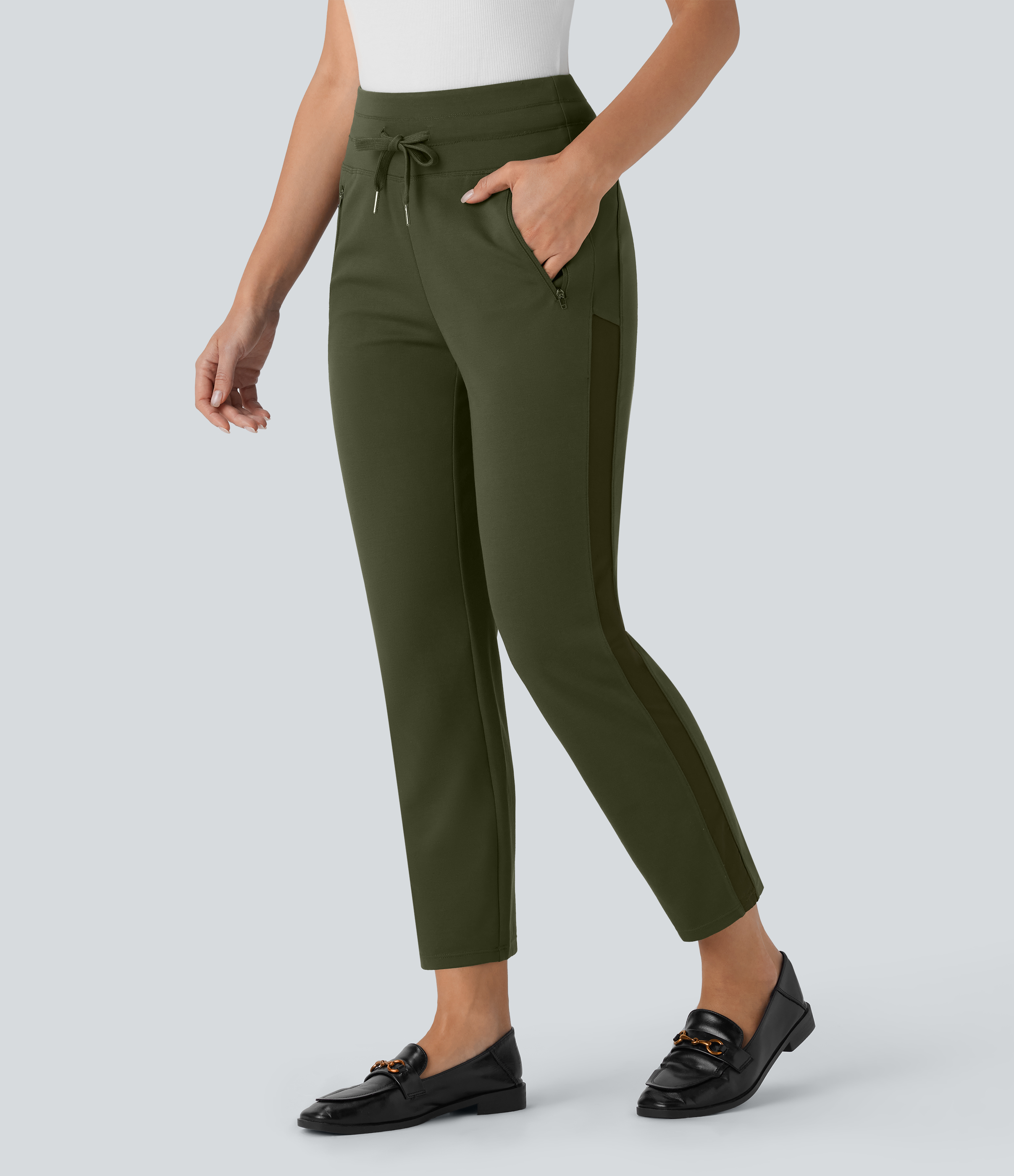 Halara Flex™ Mid Rise Drawstring Contrast Mesh Tapered Work Pants with Side Zip Pockets