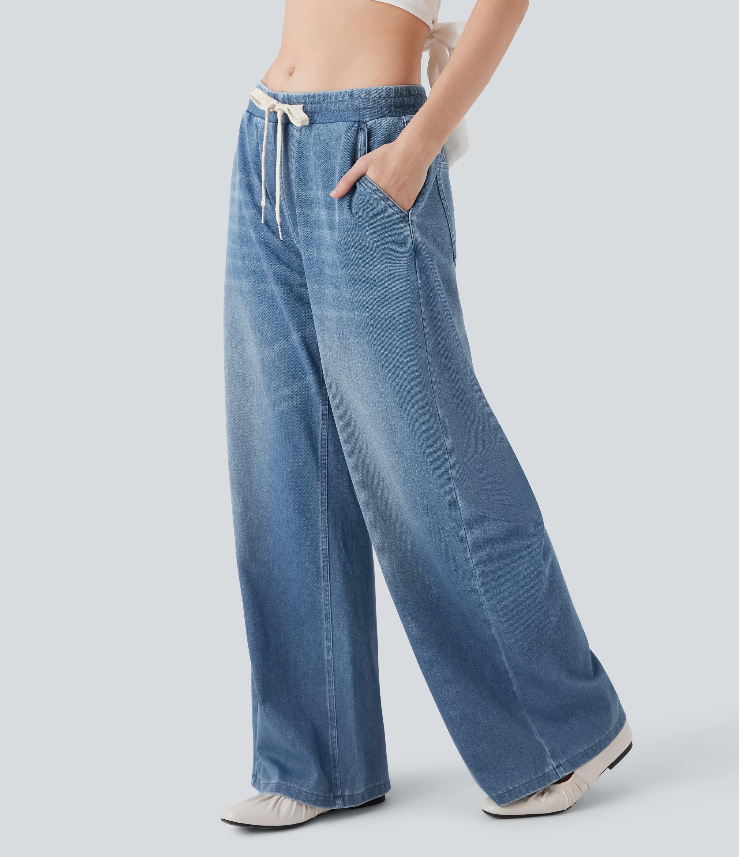 Jeans Halara Flex™ Denim Baggy holgado tiro bajo elástico cordón múltiple bolsillo