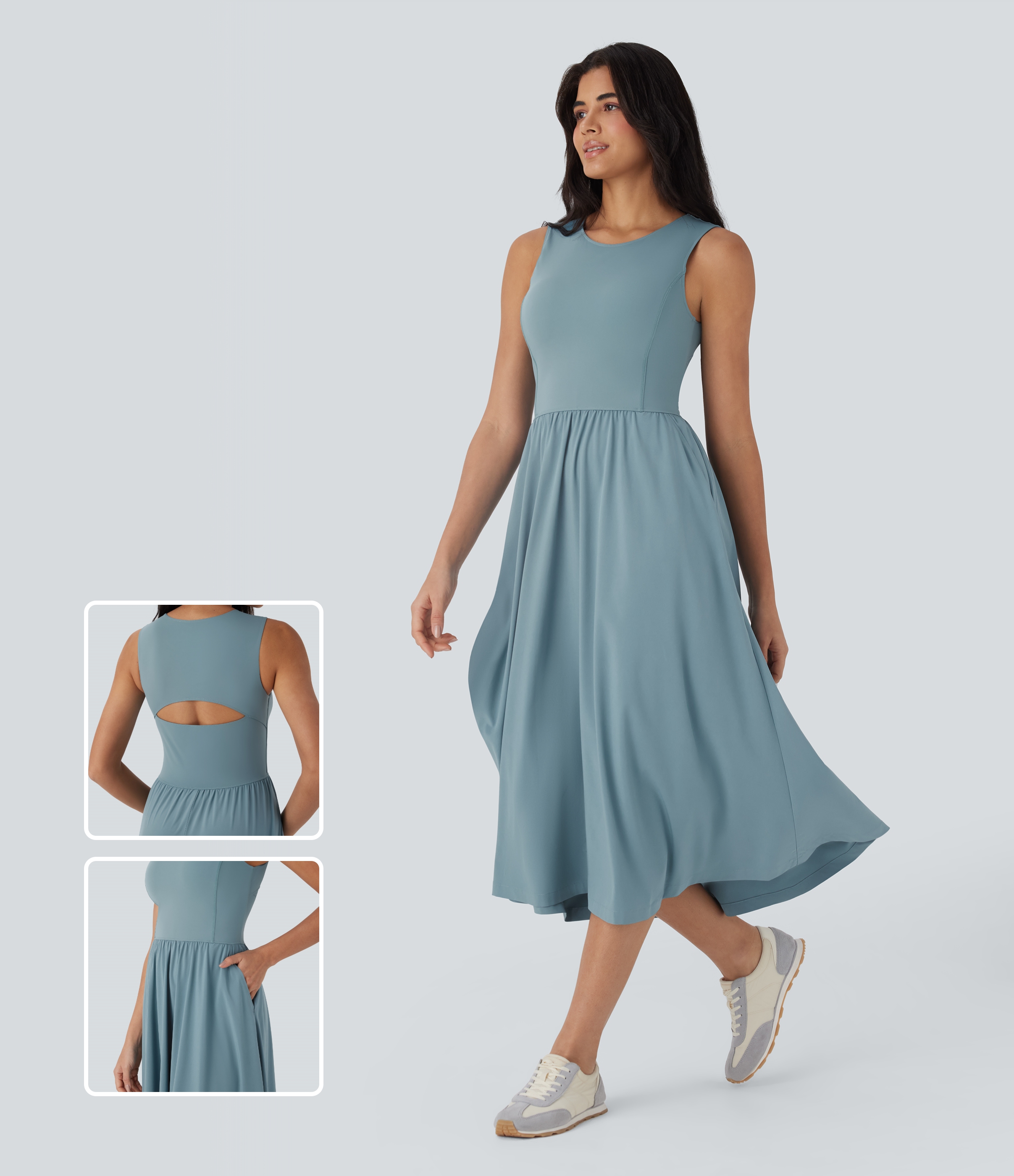 Breezeful™ Cut Out Sleeveless Midi Flowy Quick Dry Camping Active Dress with Pockets
