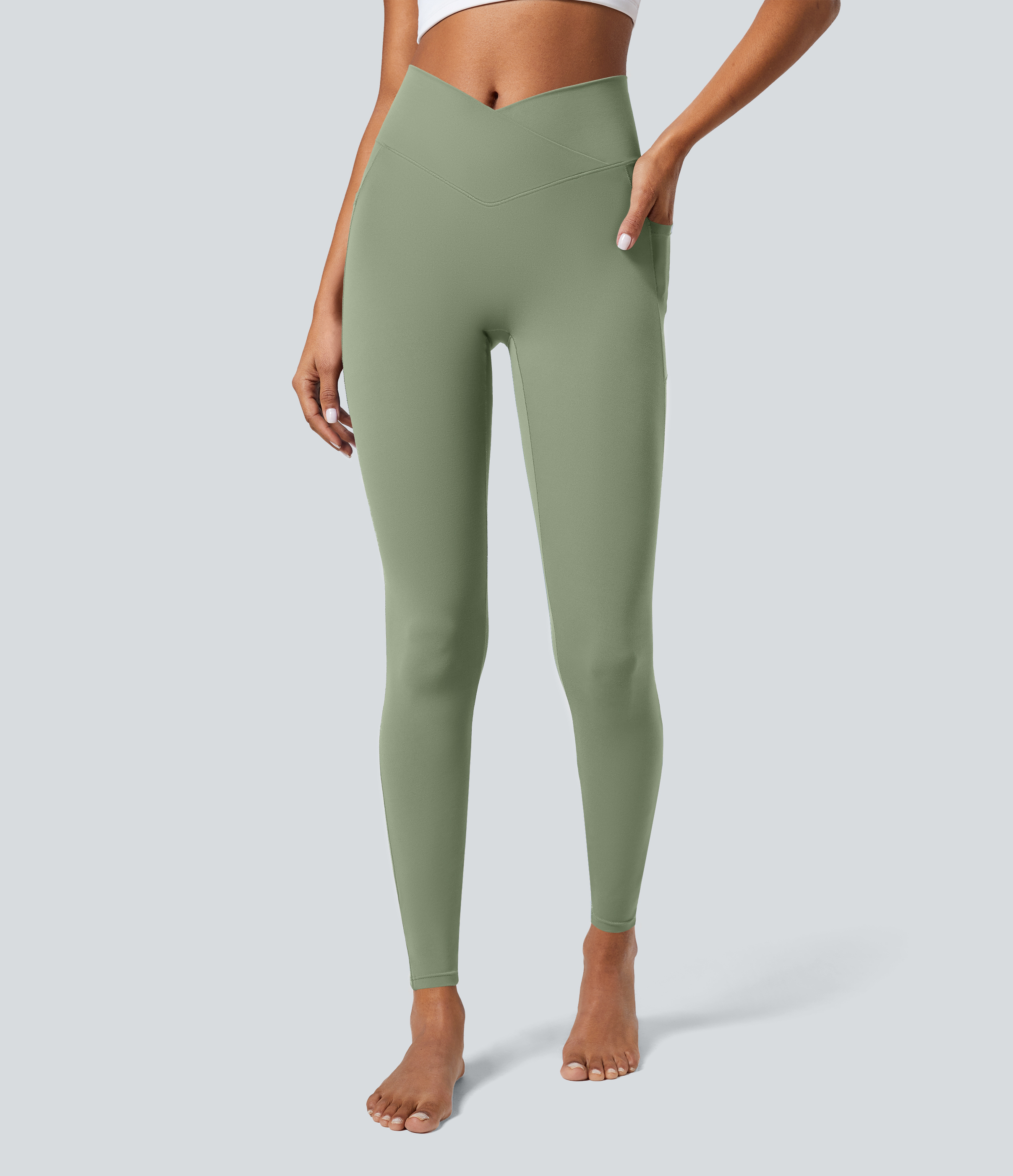 SoftlyZero™ Crossover Tights Women Gym Scrunch Plain Leggings-UPF50+ with Pockets