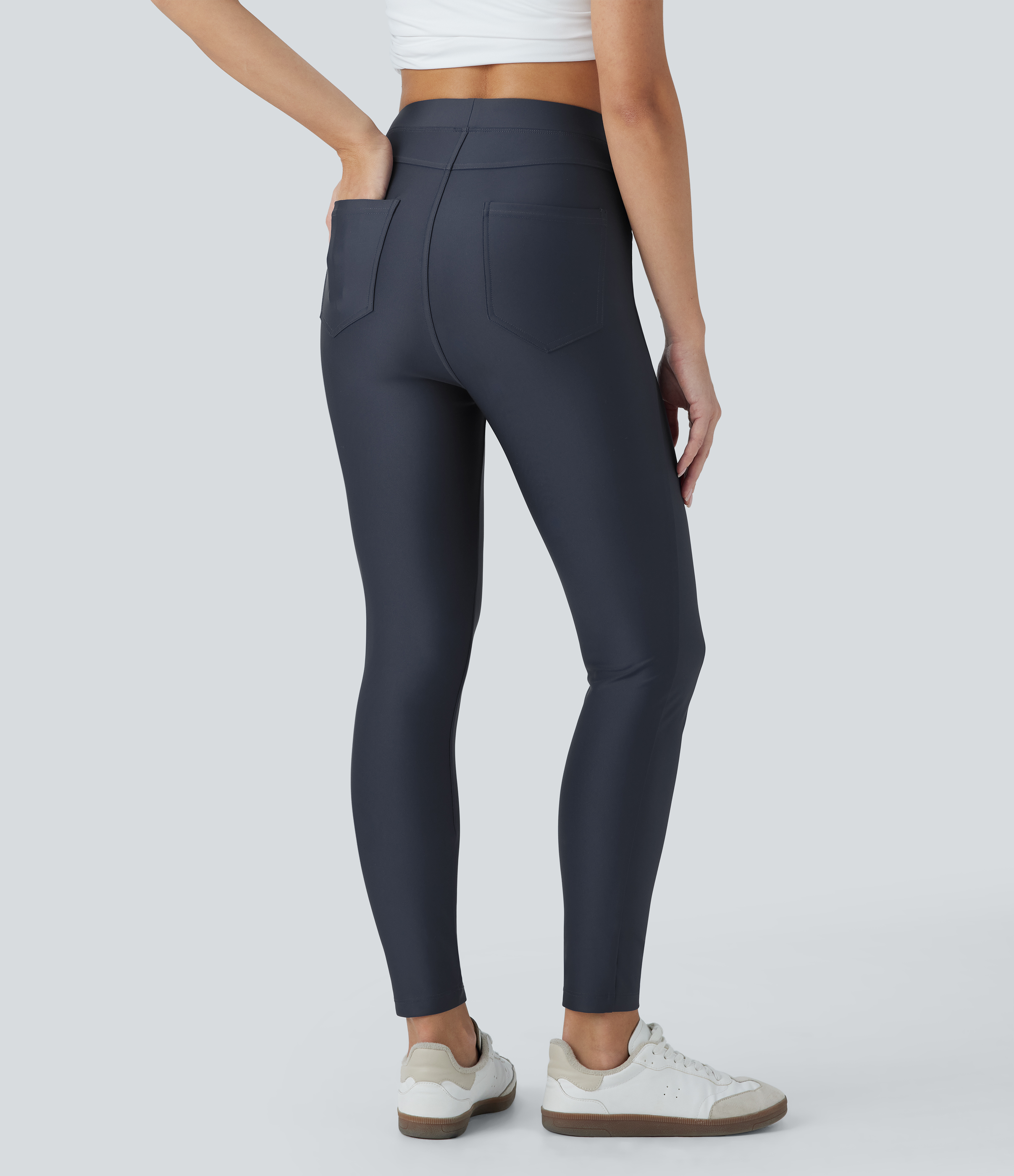 Blue Nights Pantalones casuales ajustados de tiro alto con bolsillos / 2