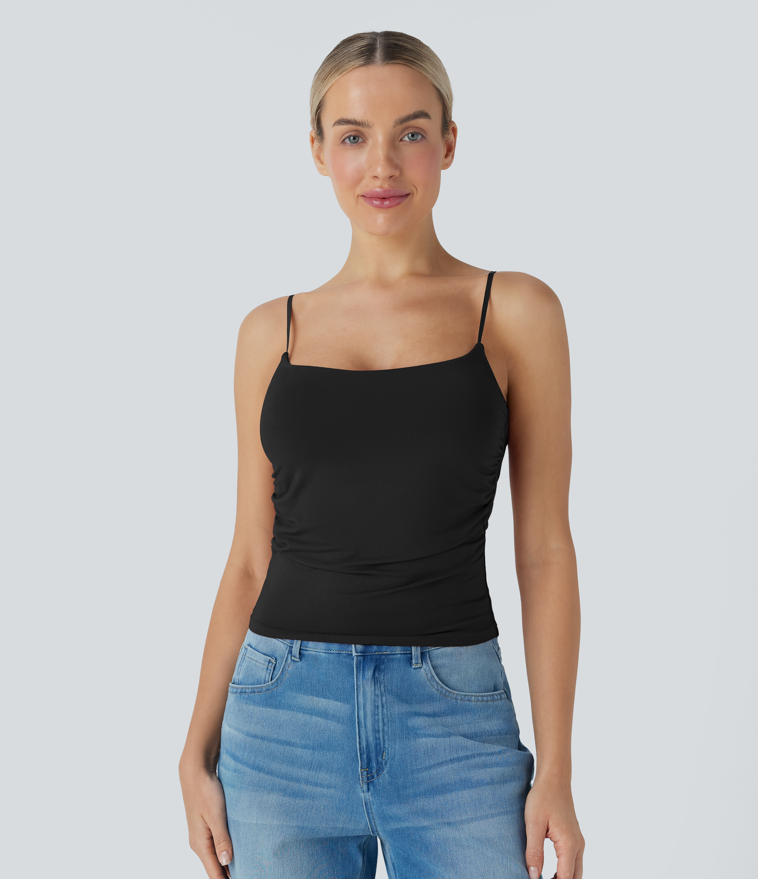 Noir Top caraco décontracté à soutien-gorge intégré et froncé / 1