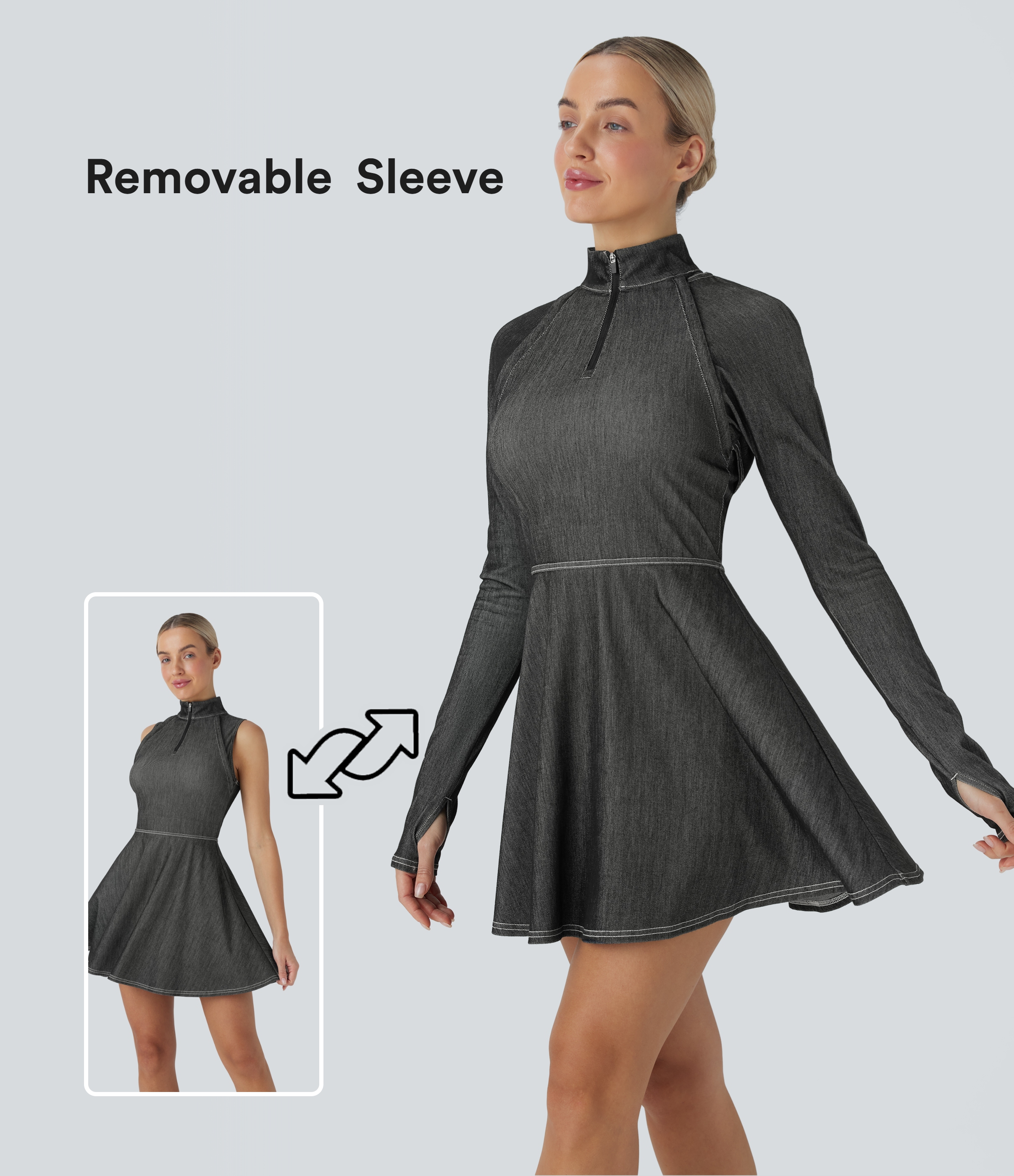 Halara – Halara Flex™ Reißverschluss Abnehmbare Ärmel Daumenloch Flare Mini Cool Touch Washed Stretchy Knit Denim Tennis Active Dress – Meteorite Black Denim – L
