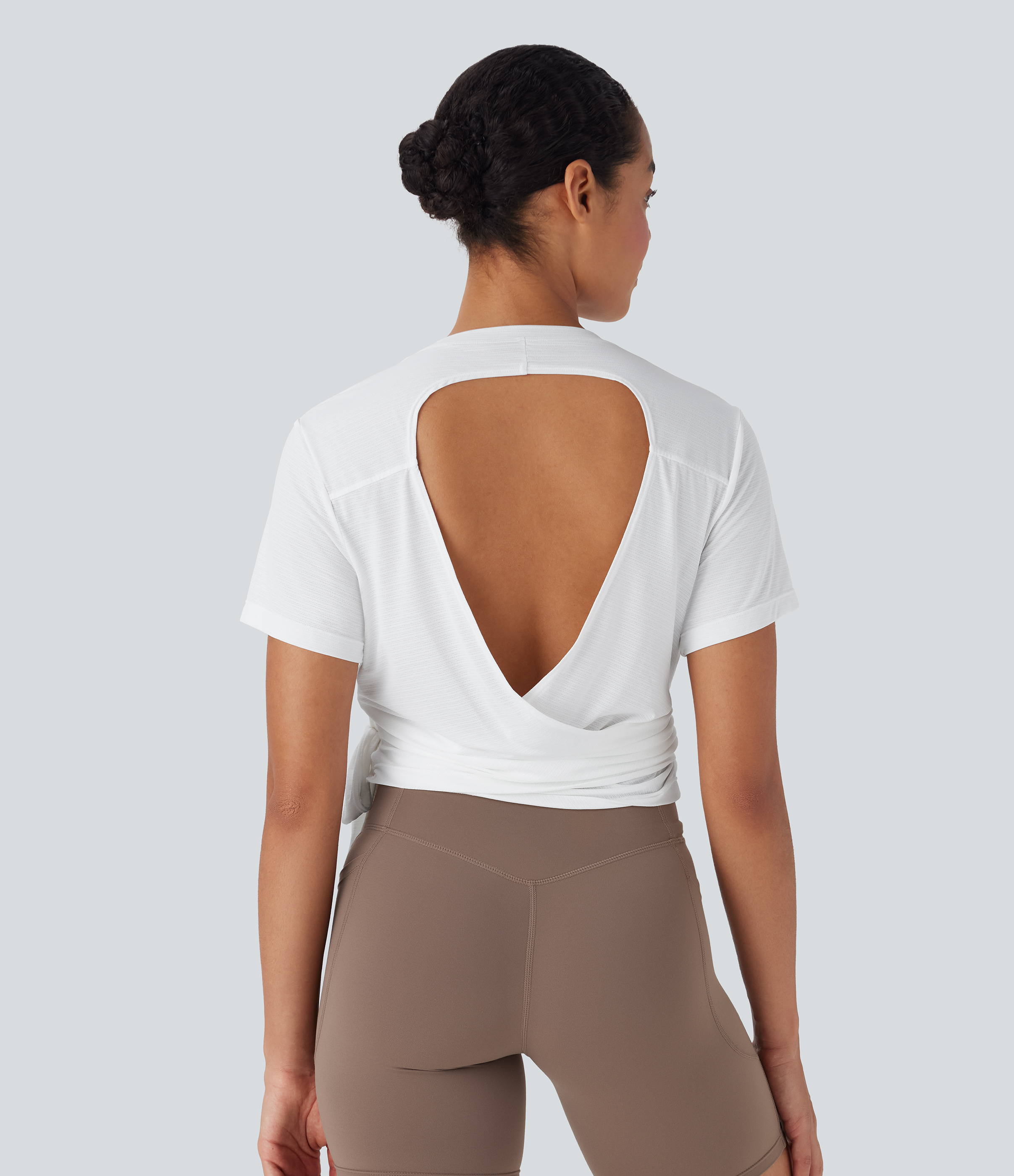 White Round Neck Short Sleeve Tie Side Yoga Sports Top / 1
