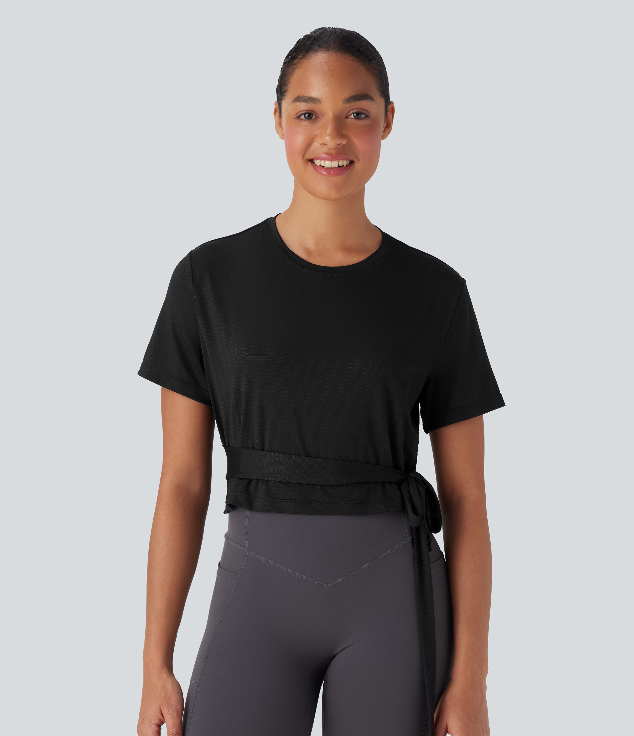 Schwarz Rundhals Kurzarm Yoga Sport Top mit Seitenbindung / 2