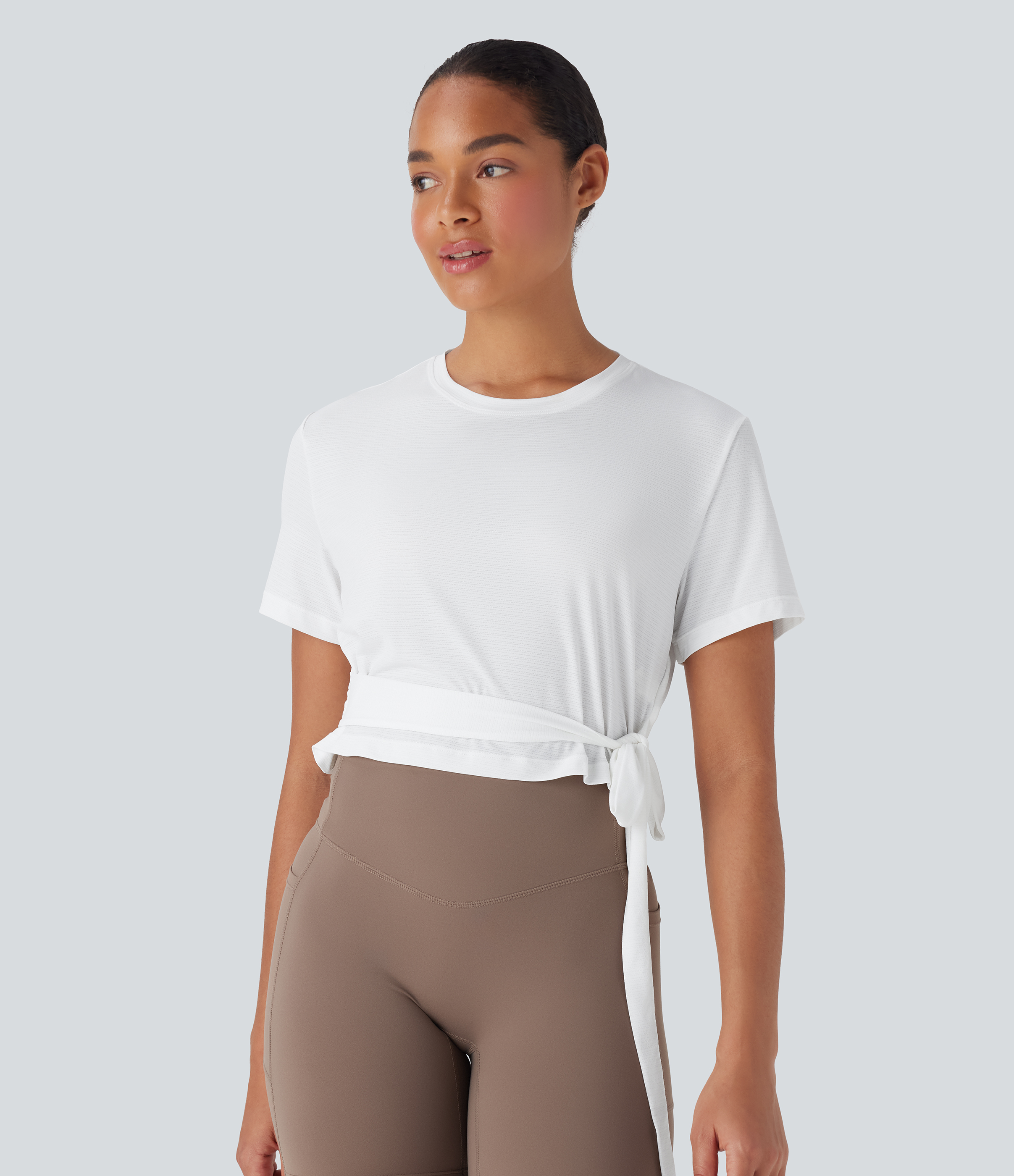 White Round Neck Short Sleeve Tie Side Yoga Sports Top / 2