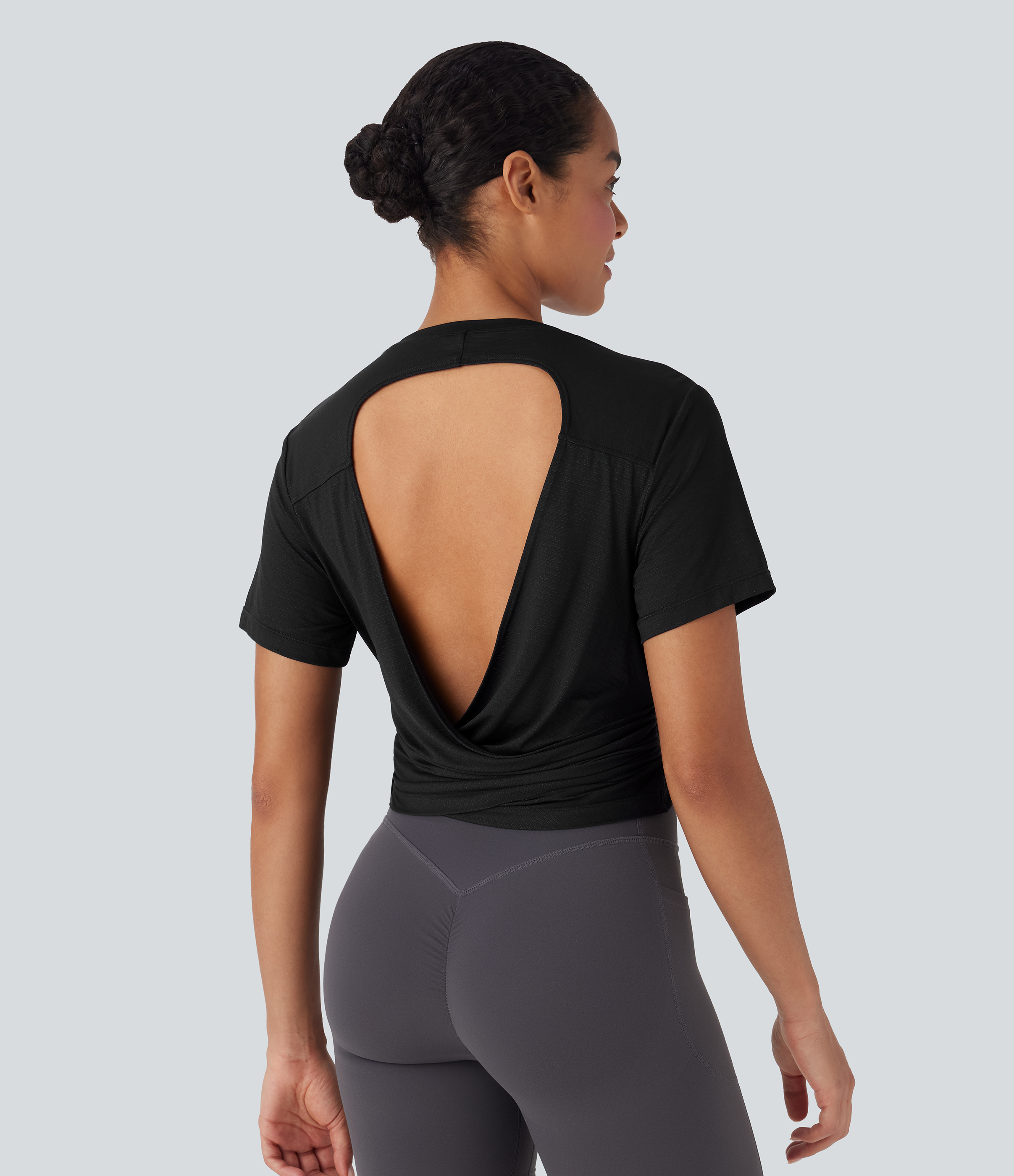 Schwarz Rundhals Kurzarm Yoga Sport Top mit Seitenbindung / 1