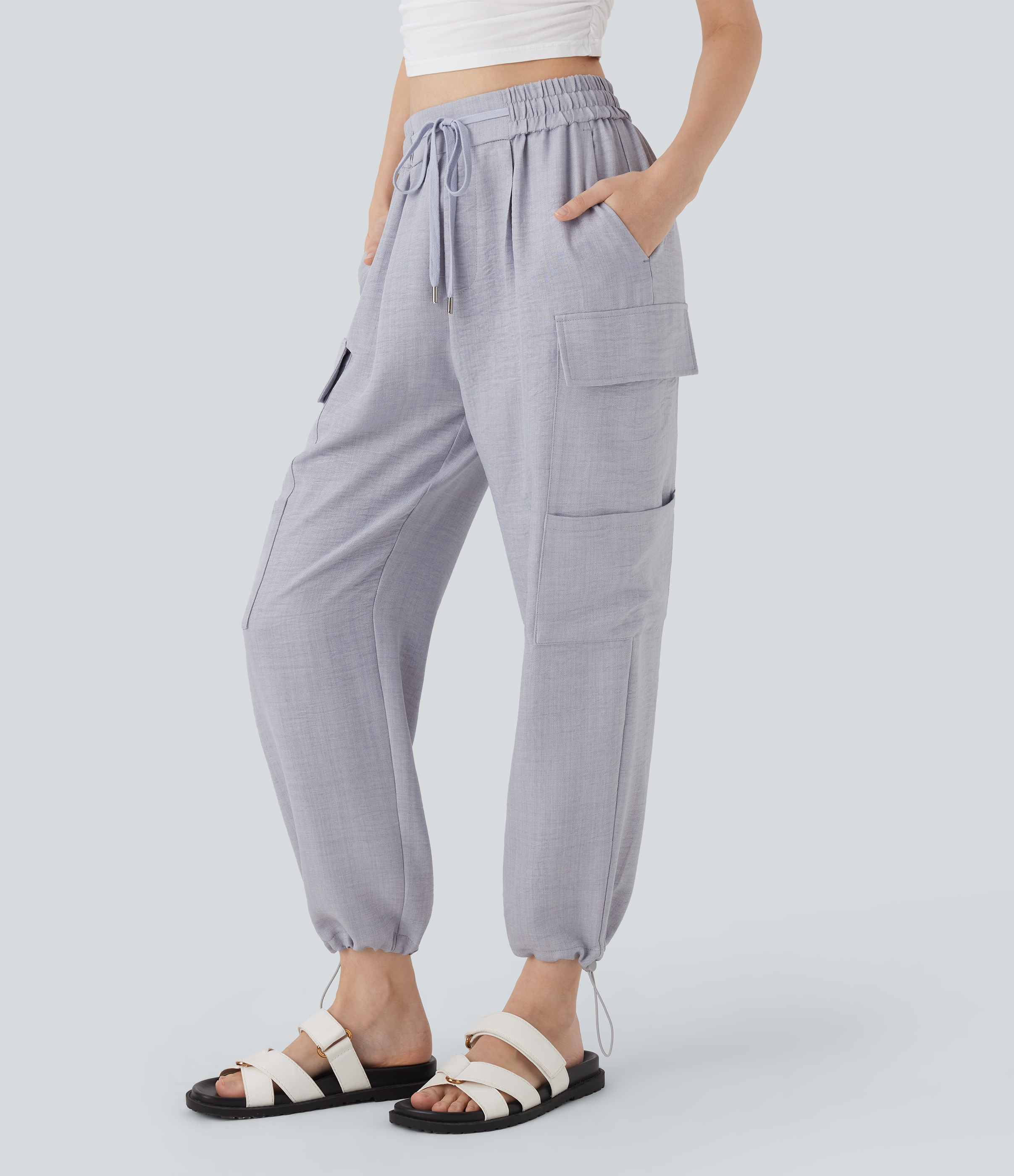 Pantalones cargo casuales de tiro medio con cordón y múltiples bolsillos