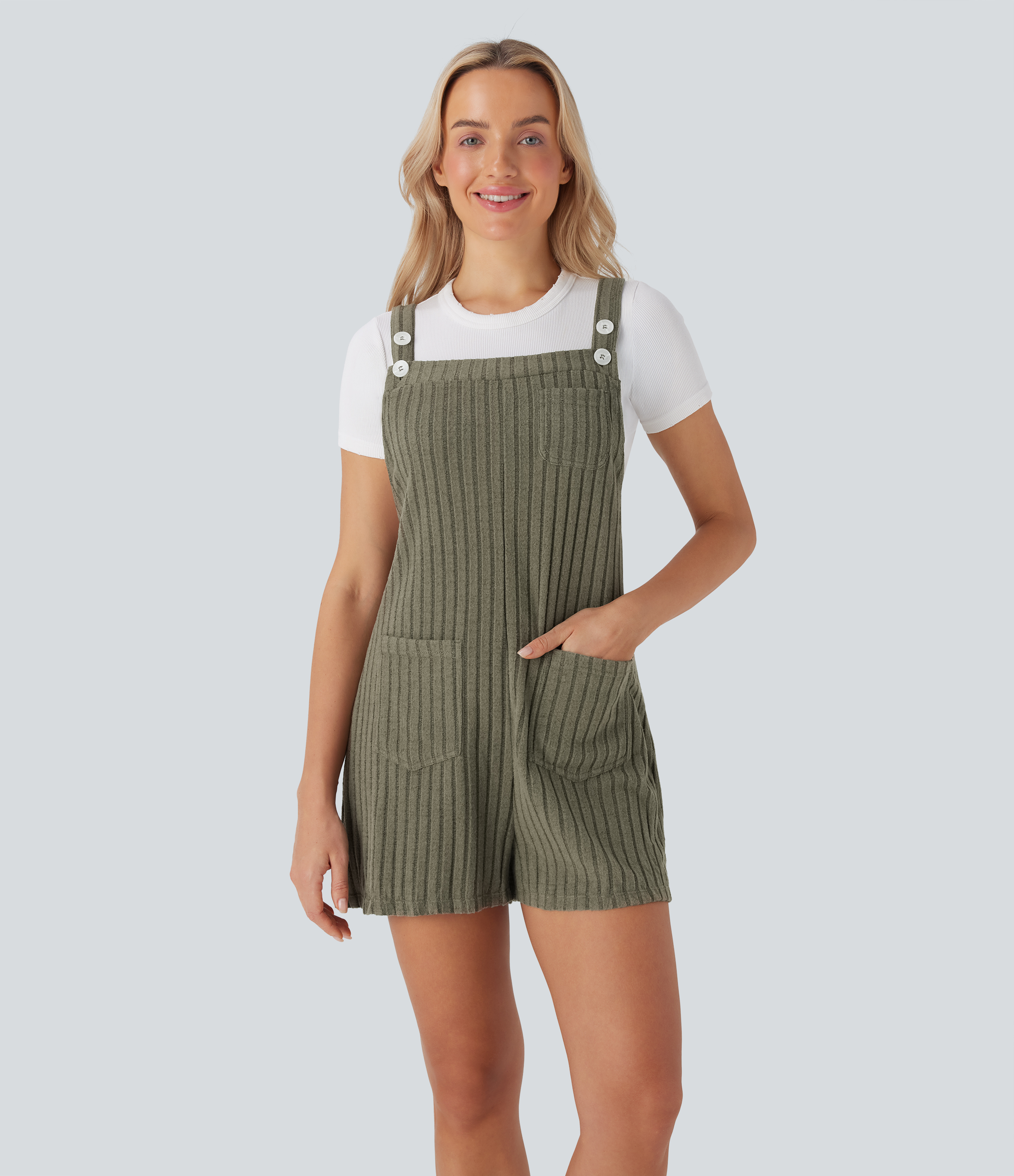 Ribbed Knit Pockets Casual Short Overalls