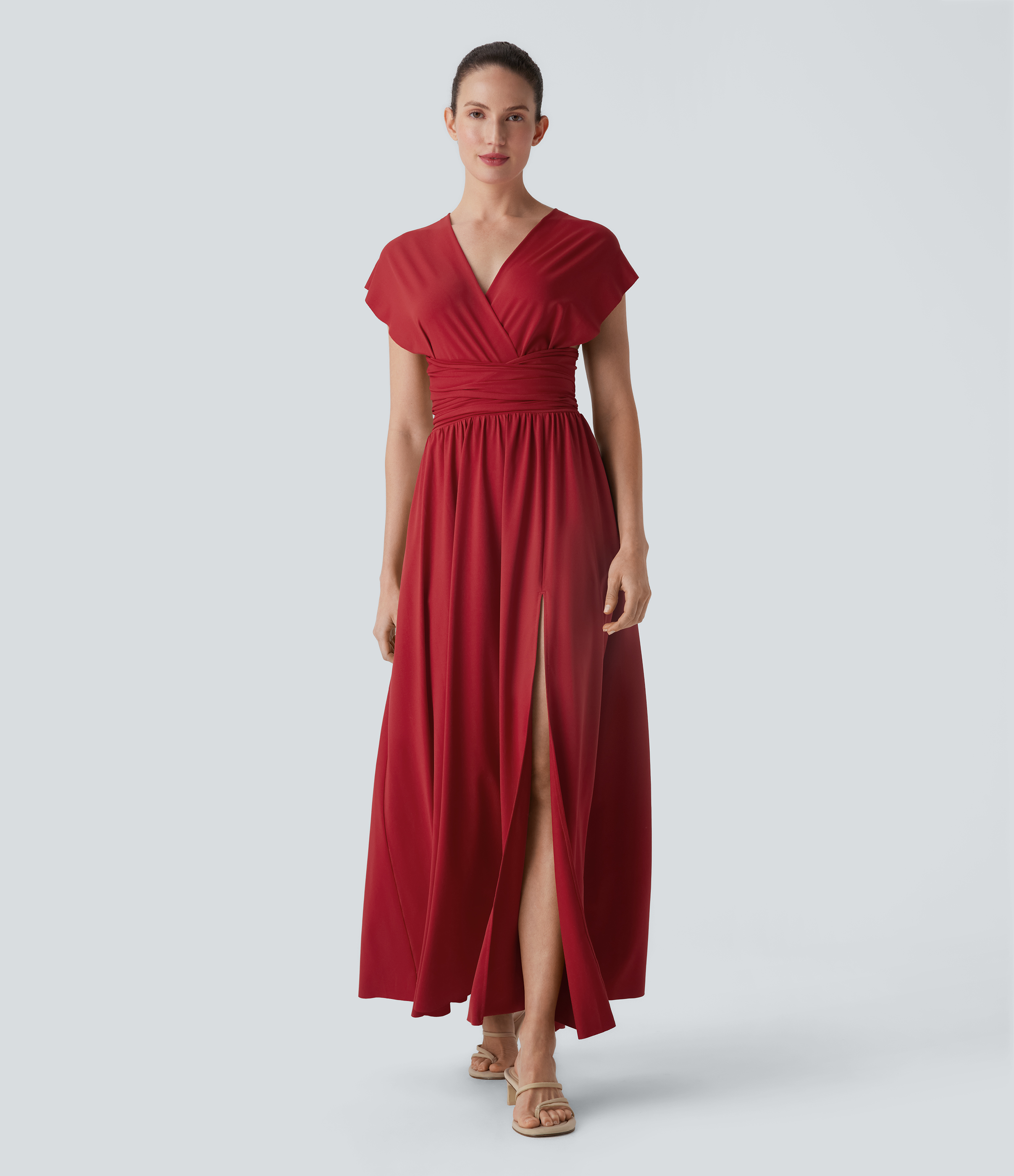 Vestido de fiesta largo con escote en V de manga corta con abertura entrecruzada y lazo en la espalda y bolsillo lateral