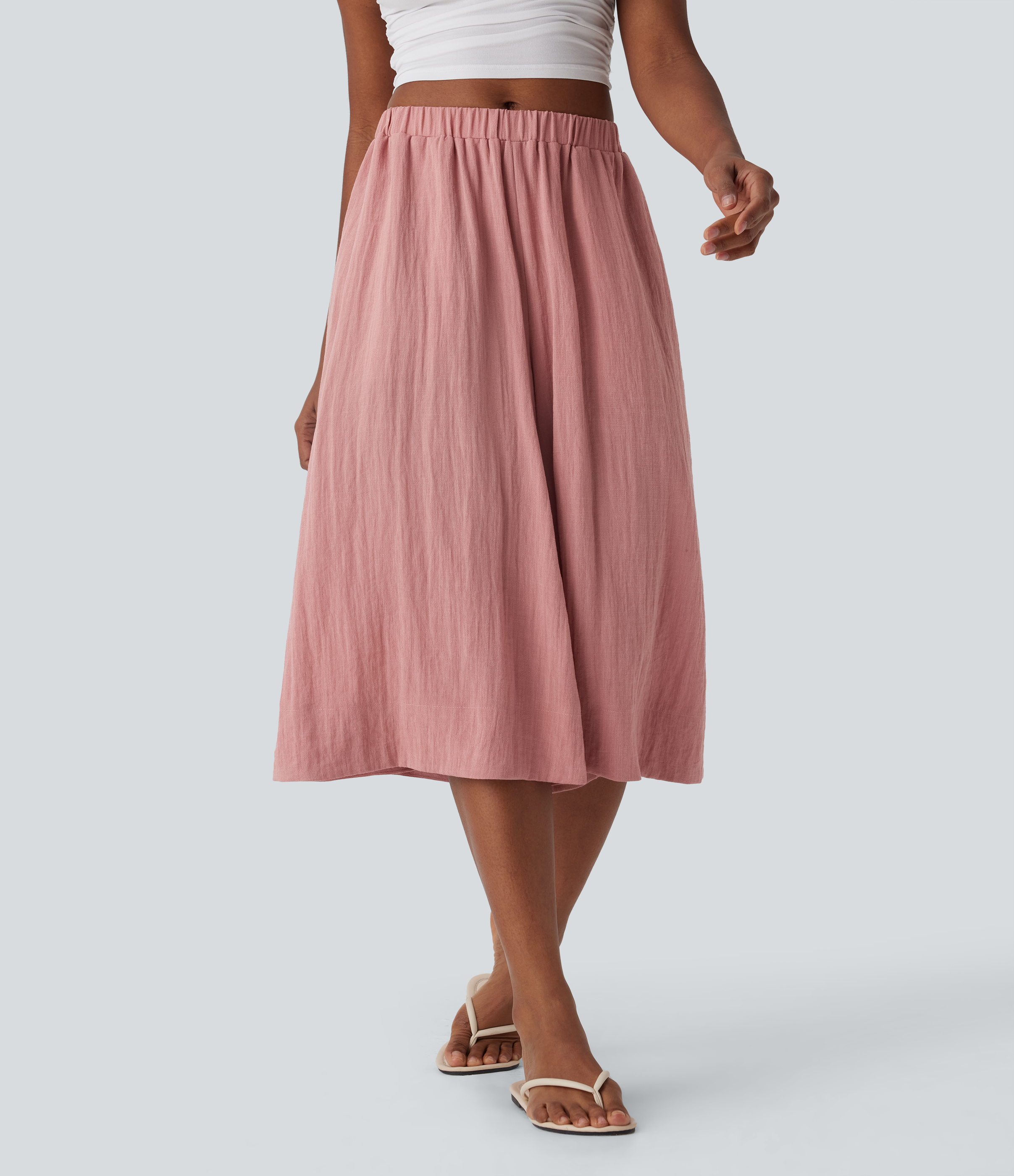 Mid Rise Wide Leg Flowy Linen-Feel Trousers with Pocket