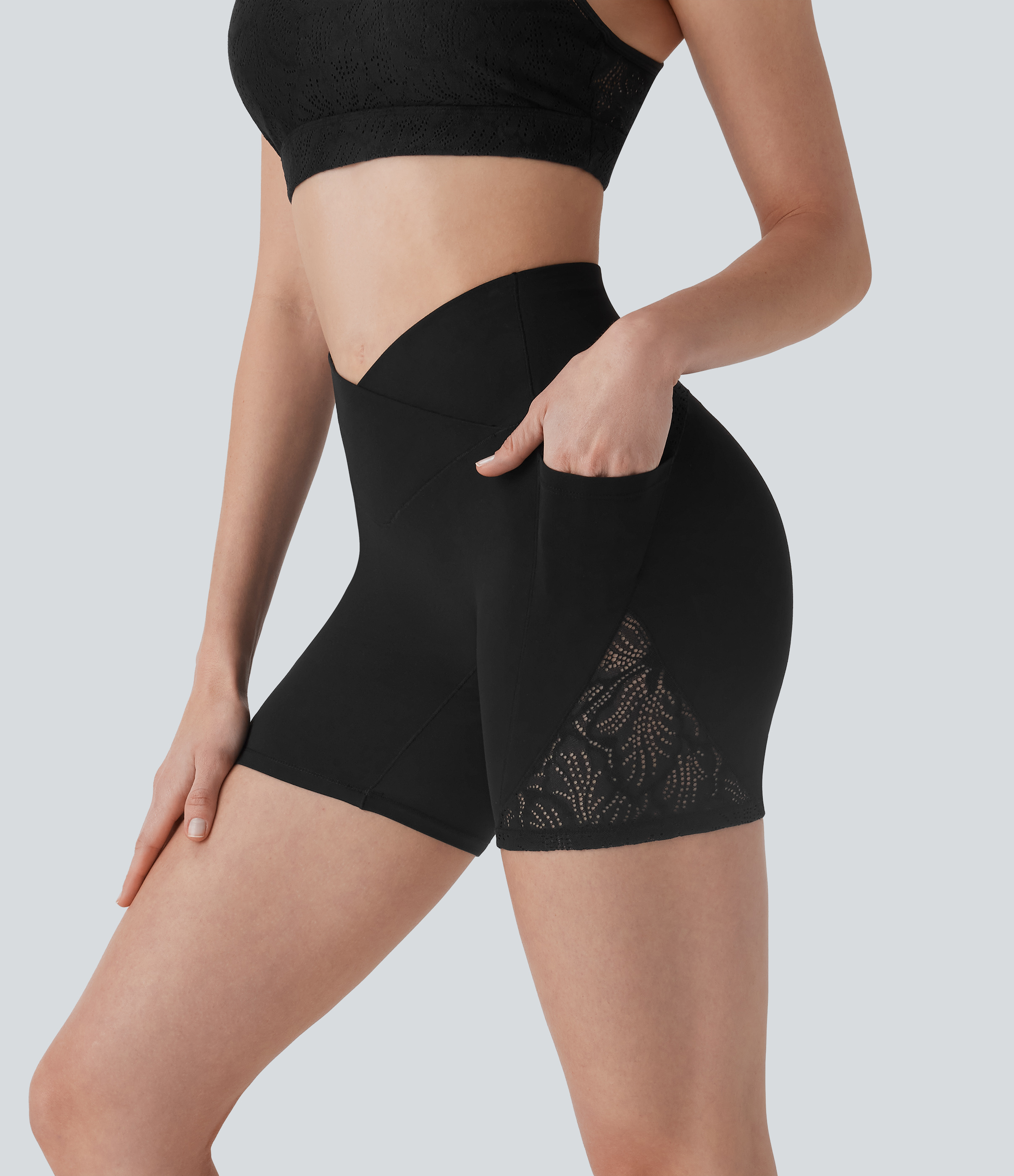 Softlyzero™ - Yoga-Bikershorts mit hohem Bund, Seitentaschen und kontrastierender Spitze - 12,7 cm, UPF50+