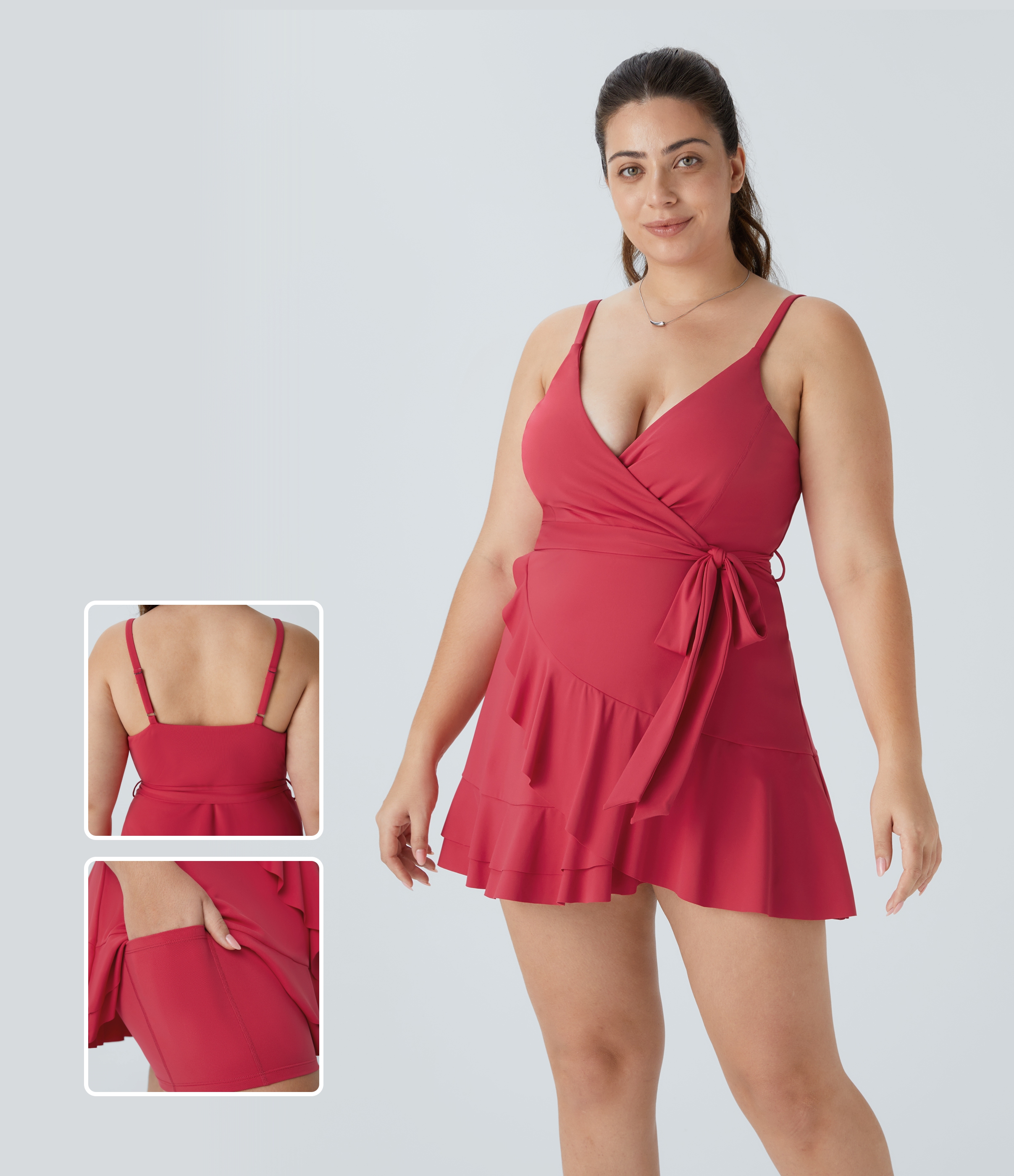 Pleated Bodice Circle Skirt V-neck Mini Dress Papaya Plus Size