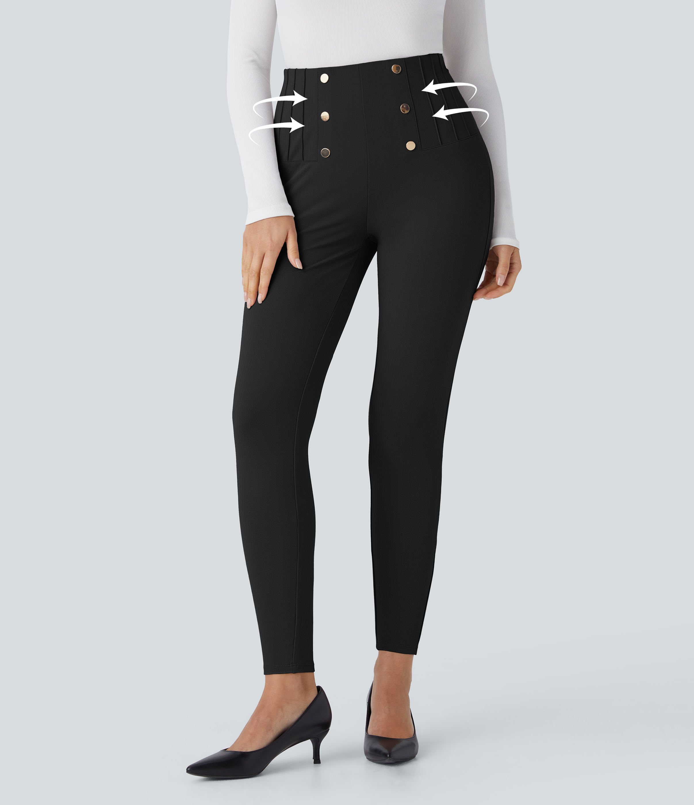 High Waisted Tummy Control Decorative Back Zipper Pockets Herringbone Work Pants