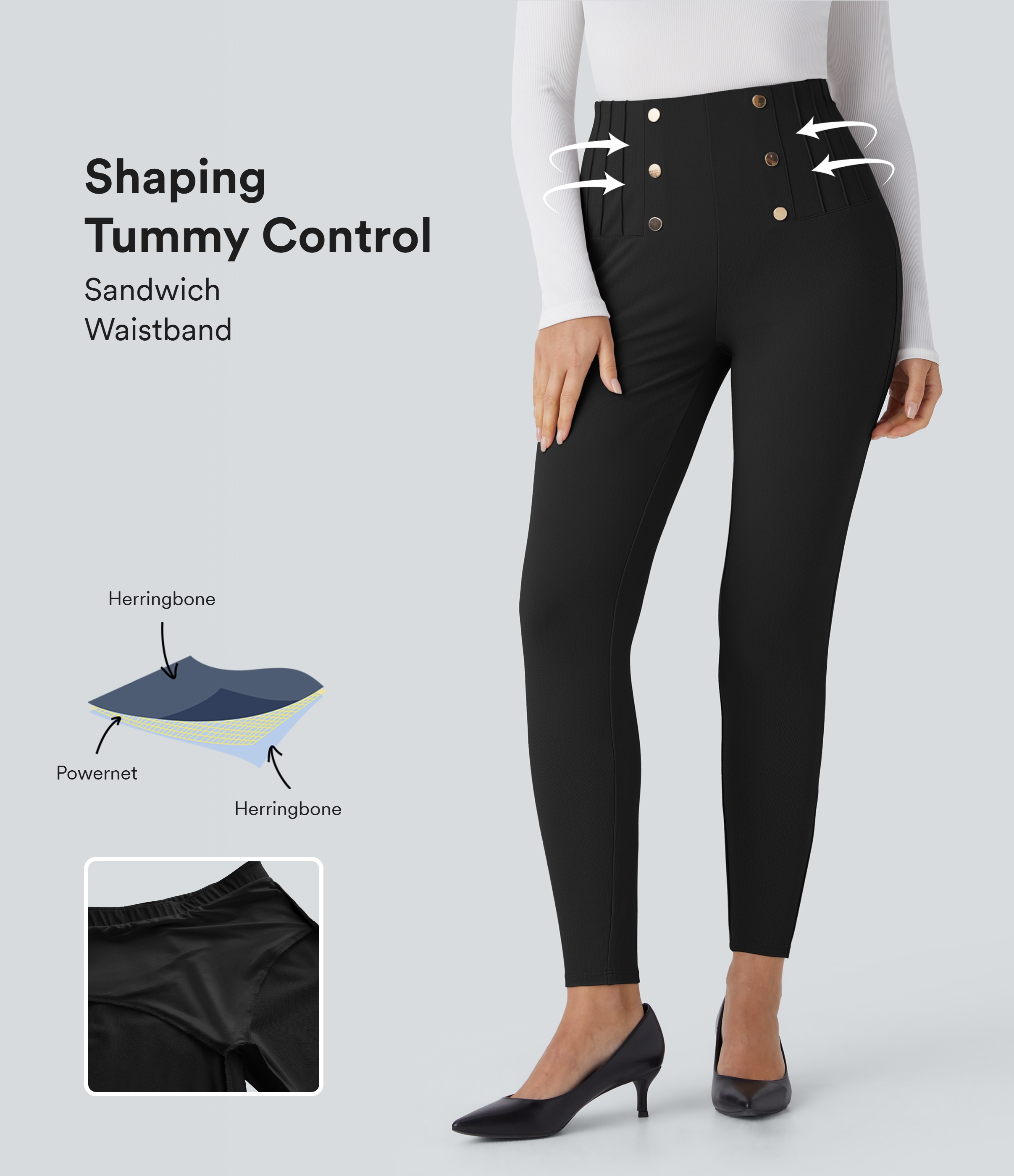 High Waisted Tummy Control Decorative Back Zipper Pockets Herringbone Work Leggings