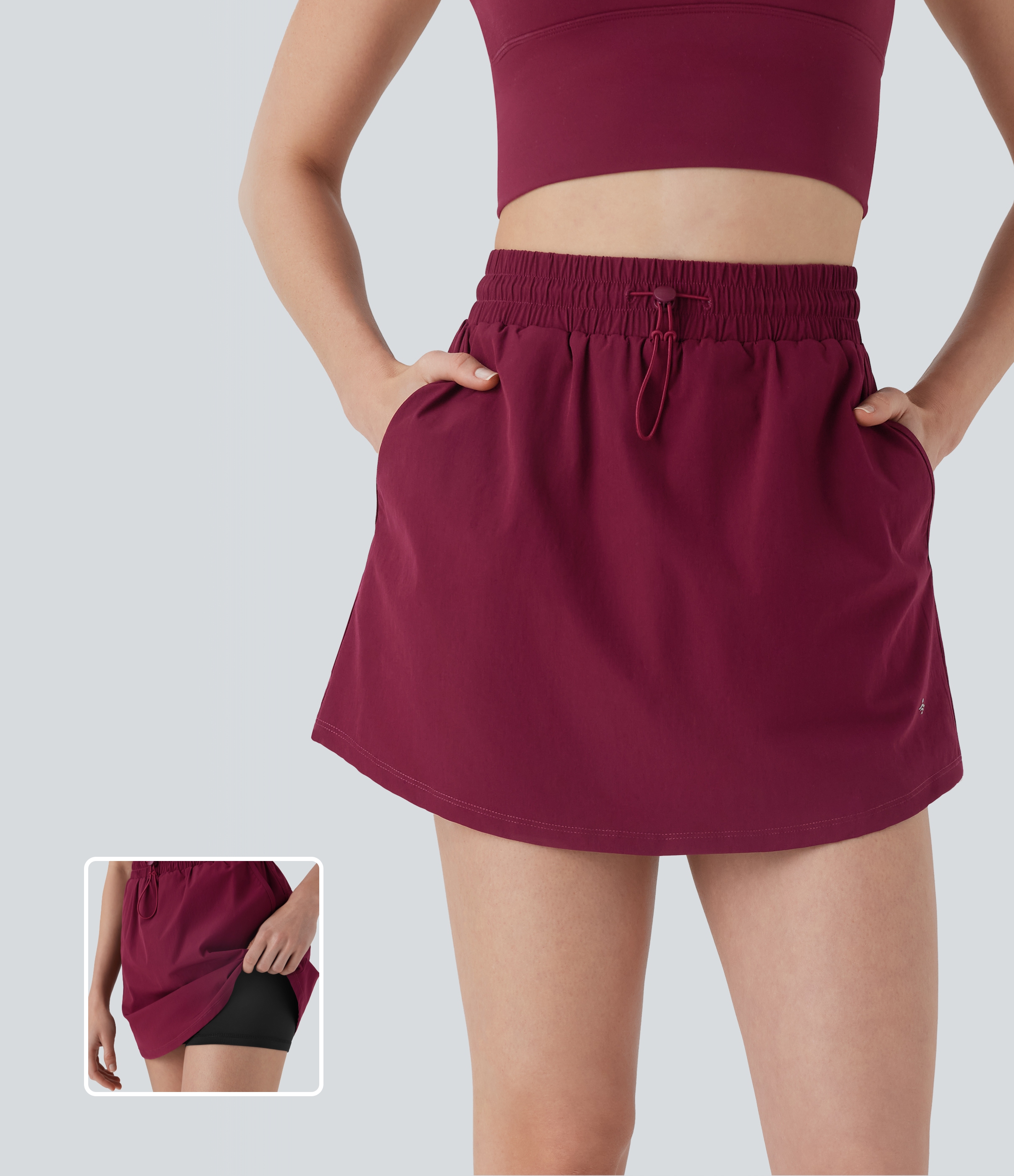 2-in-1 A-Linien-Mini-Yogarock mit hoher Taille, Kordelzug und Taschen