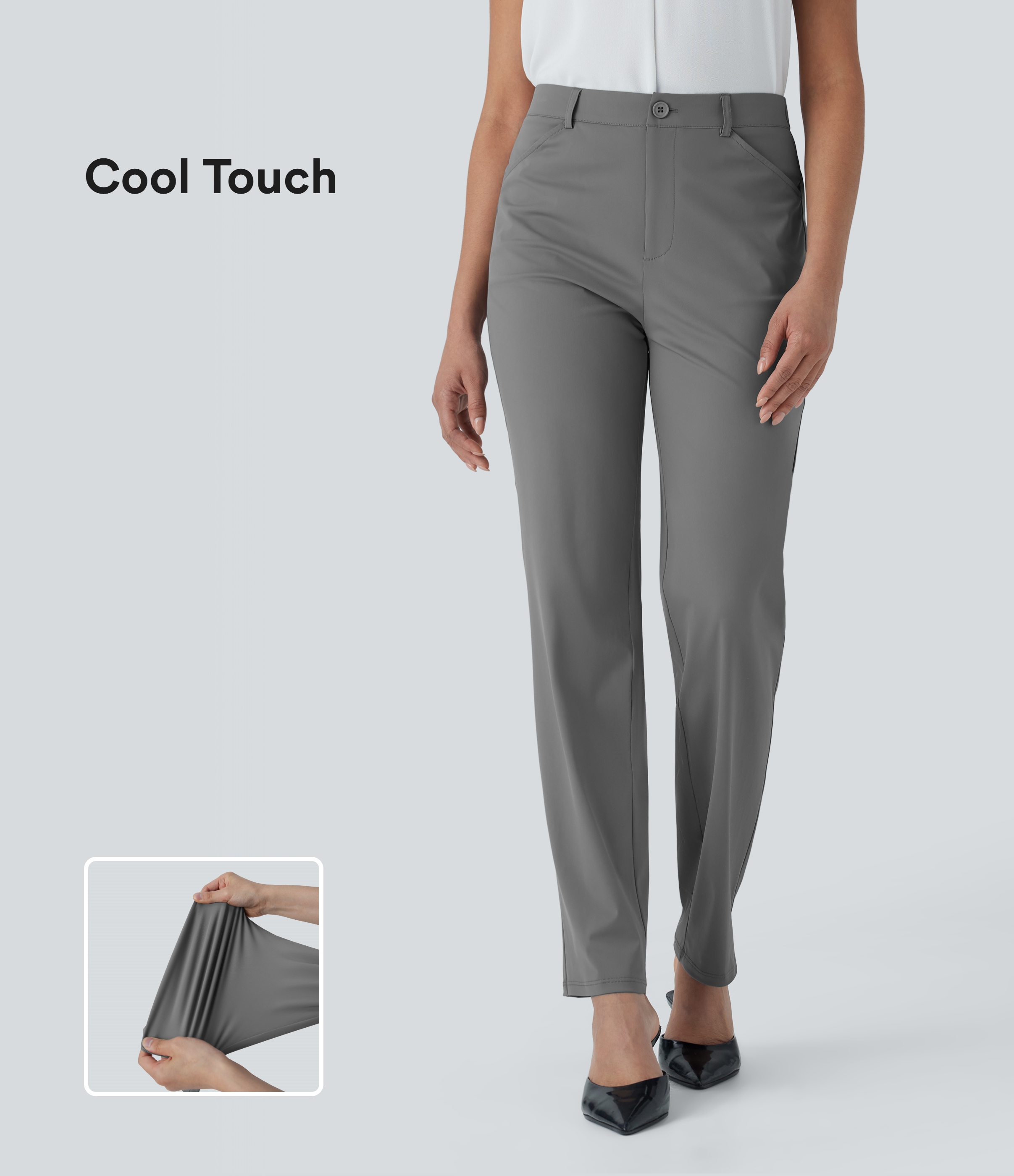 Steel Gray Pantalones de oficina de tiro medio con tacto fresco y bolsillos laterales / 1