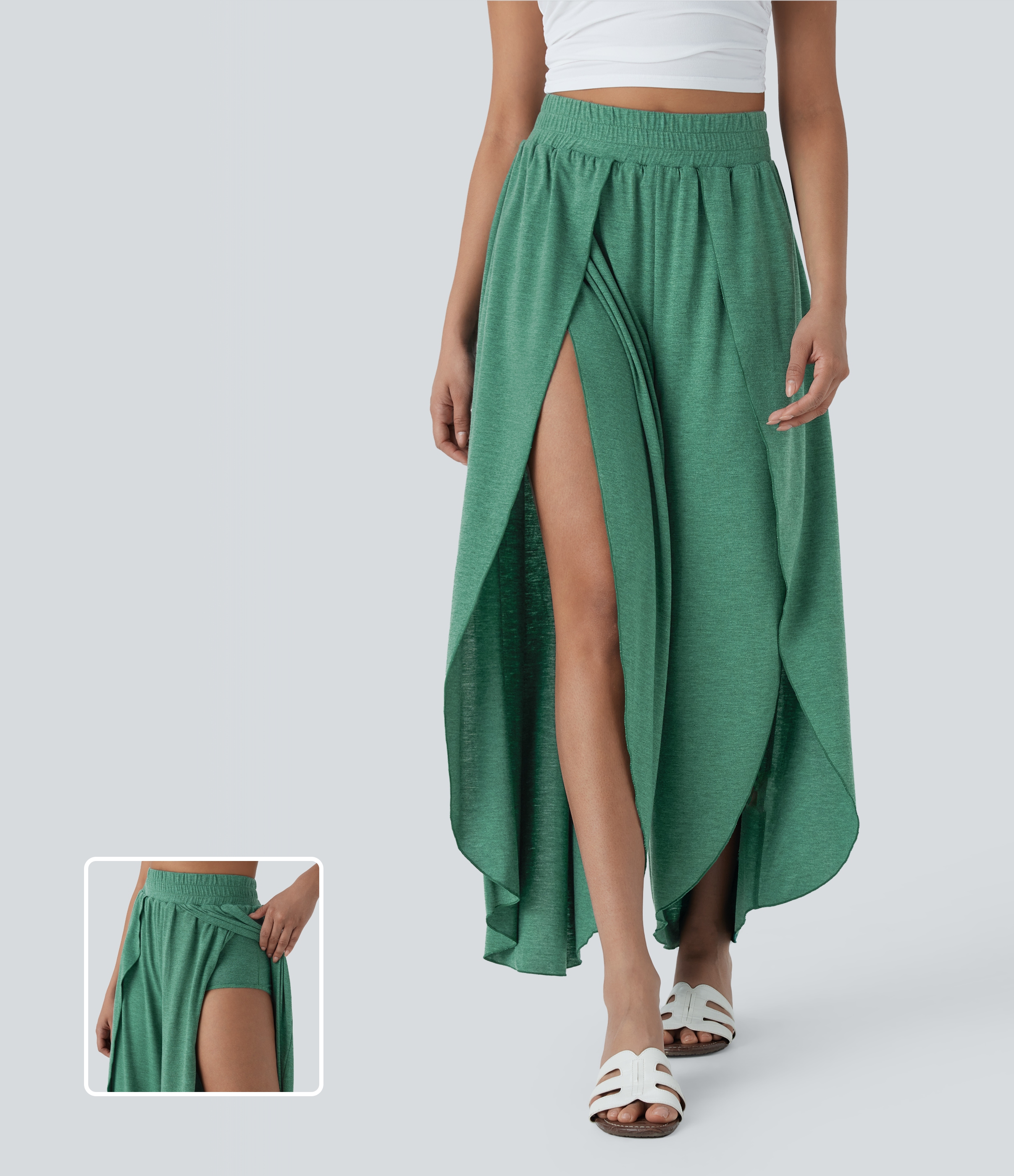 Pantalones anchos casuales 2 en 1 holgados de tiro alto con aberturas