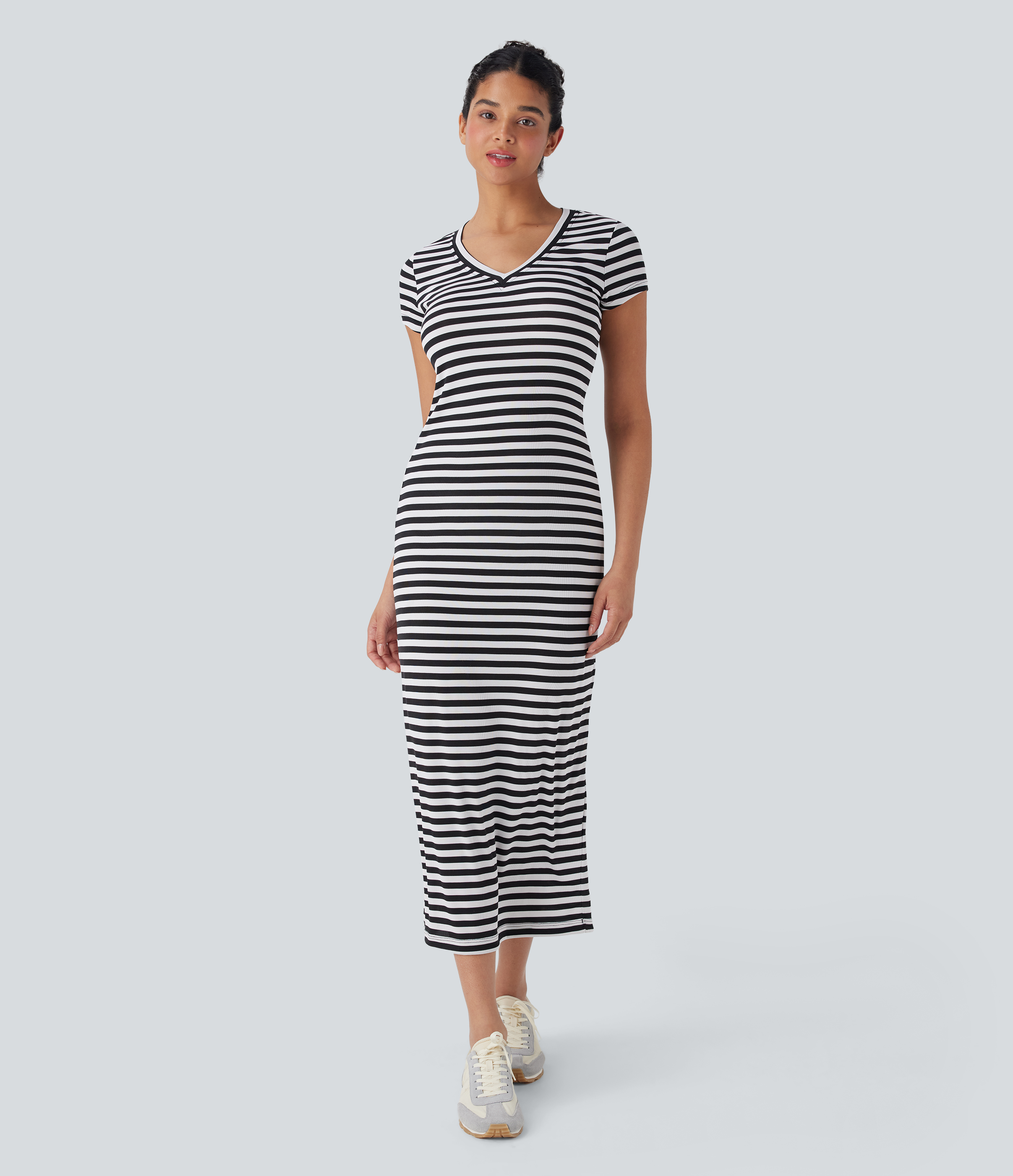 V Neck Stripe Midi Casual T-Shirt Dress