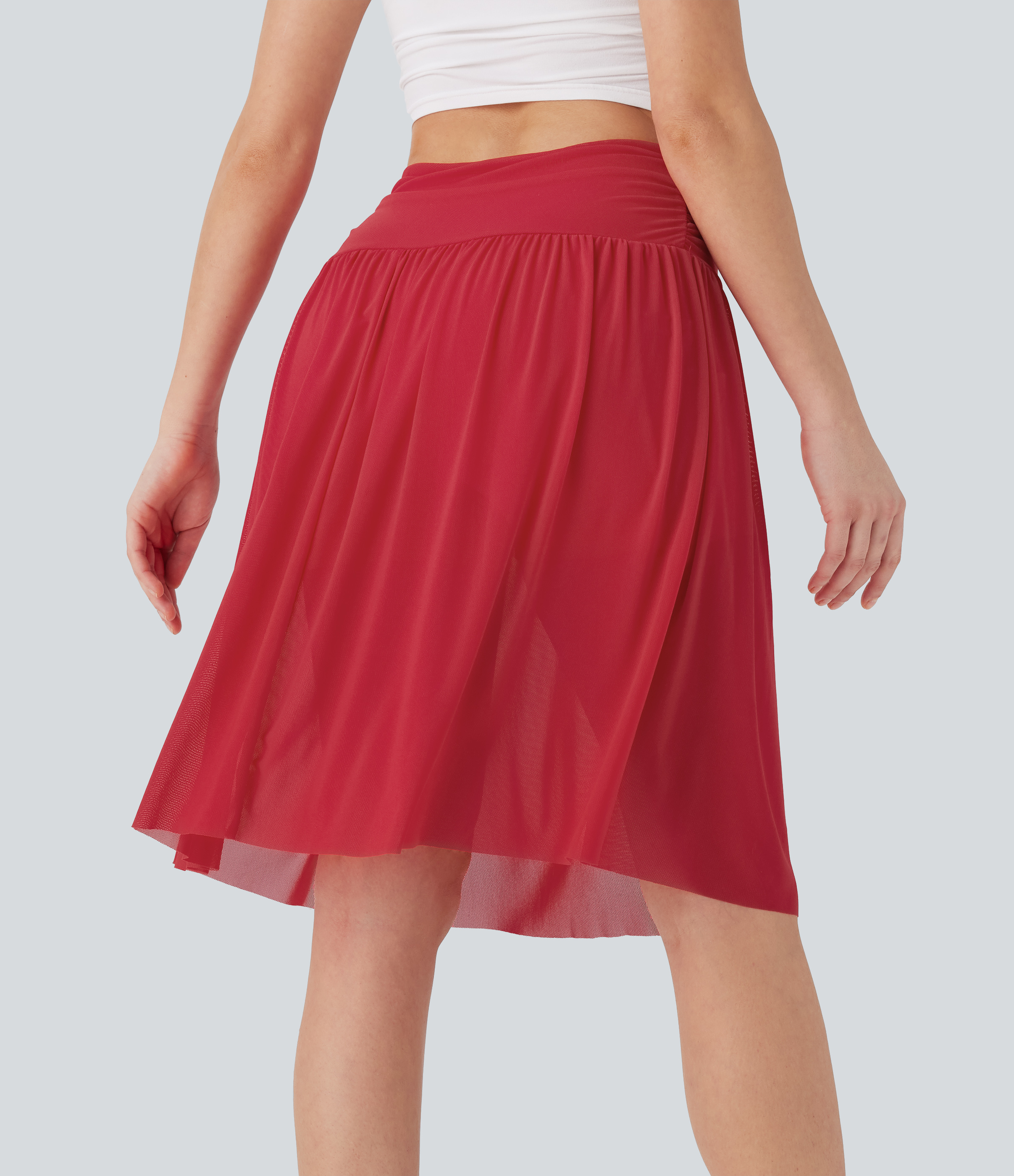 Ribbon Red Falda midi casual 2 en 1 holgada de tiro alto fruncido con malla en contraste y bolsillos laterales / 2