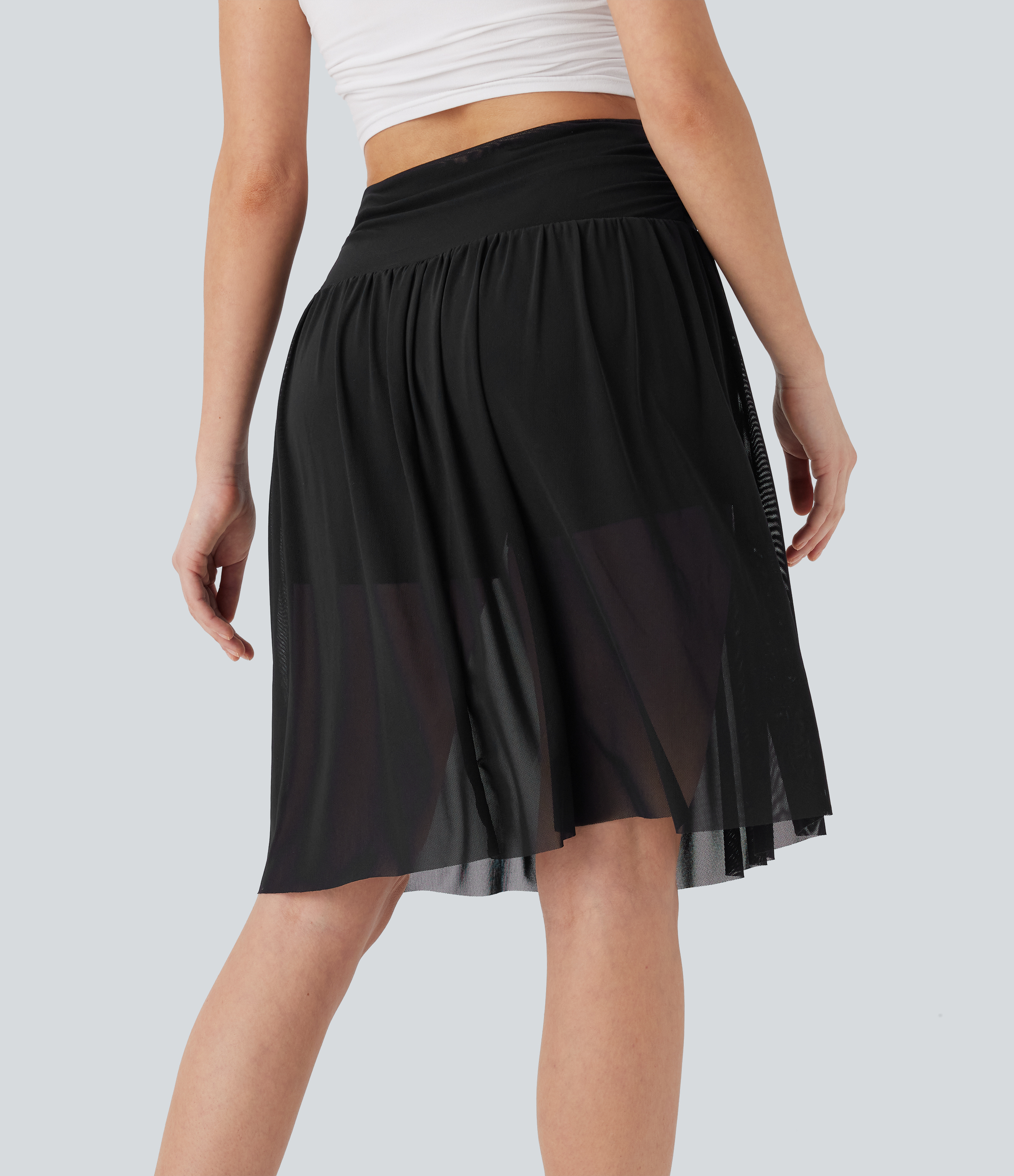 Black High Waisted Ruched 2-in-1 Contrast Mesh Flowy Midi Casual Skirt with Pockets / 2