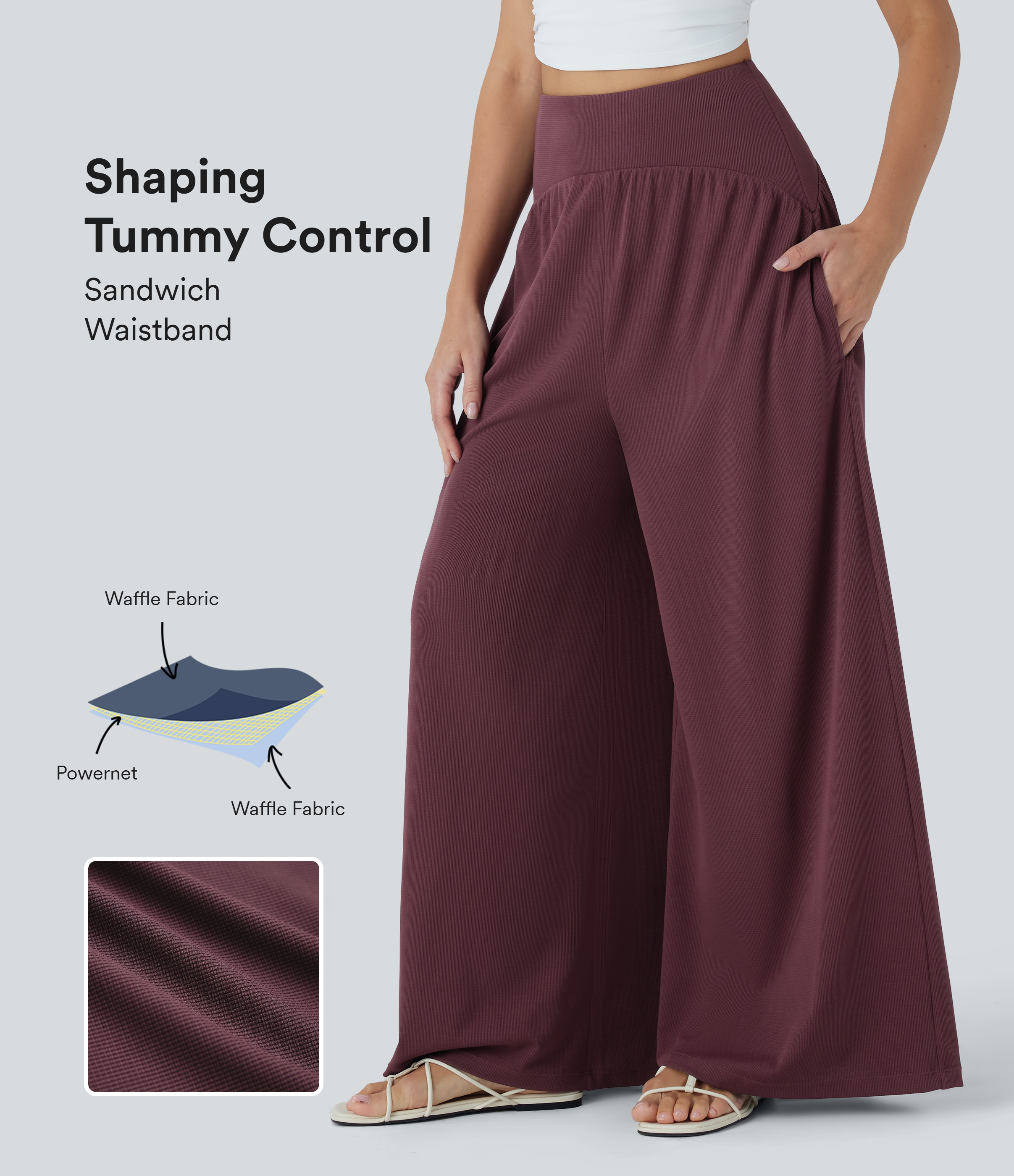 Pantalones anchos casuales de tiro alto moldeadores de abdomen con bolsillos en tela gofre