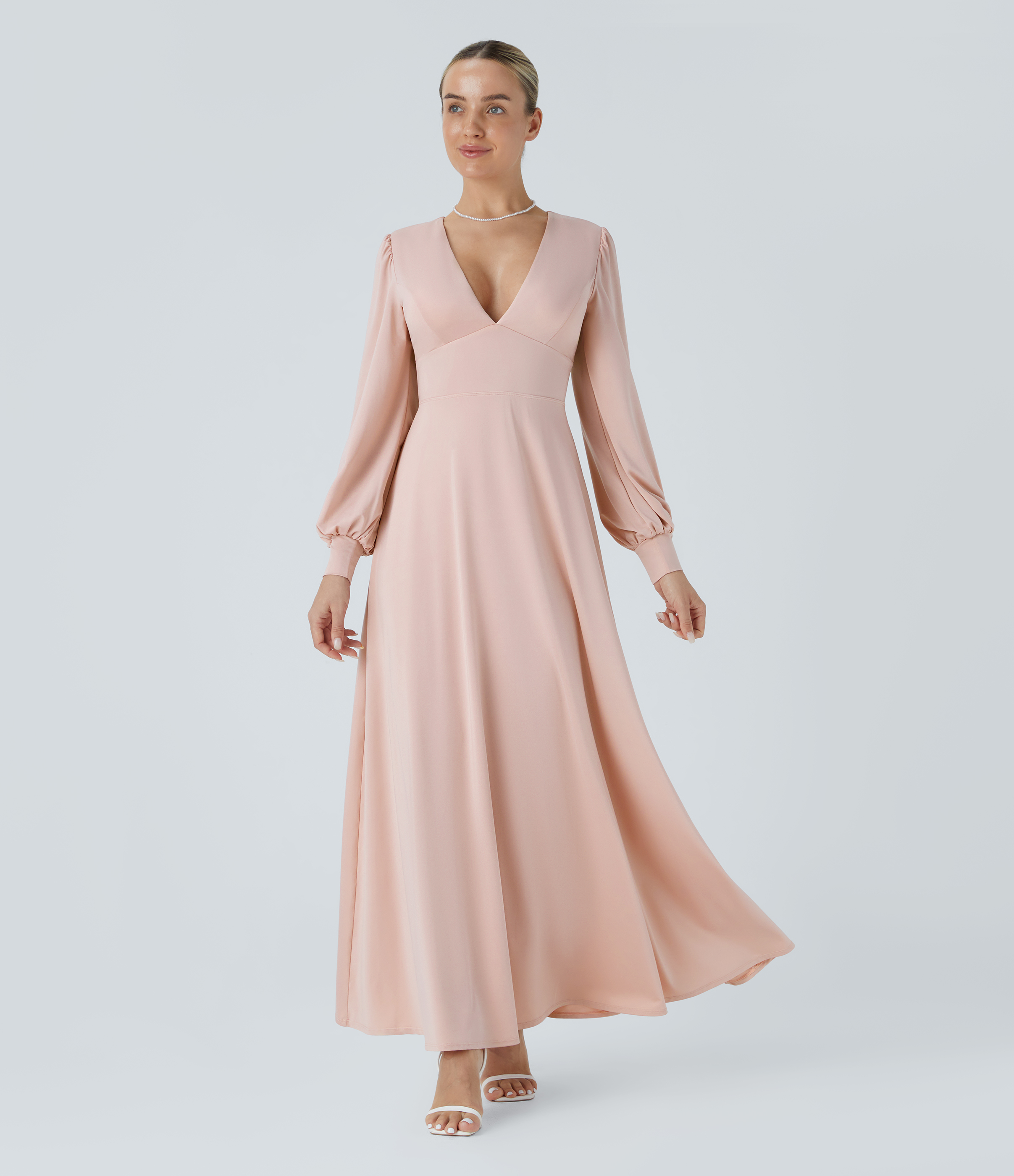 Peach Whip Vestido largo dama honor invitada boda cuello V manga larga sin espalda lazo espalda botón manga obispo / 2