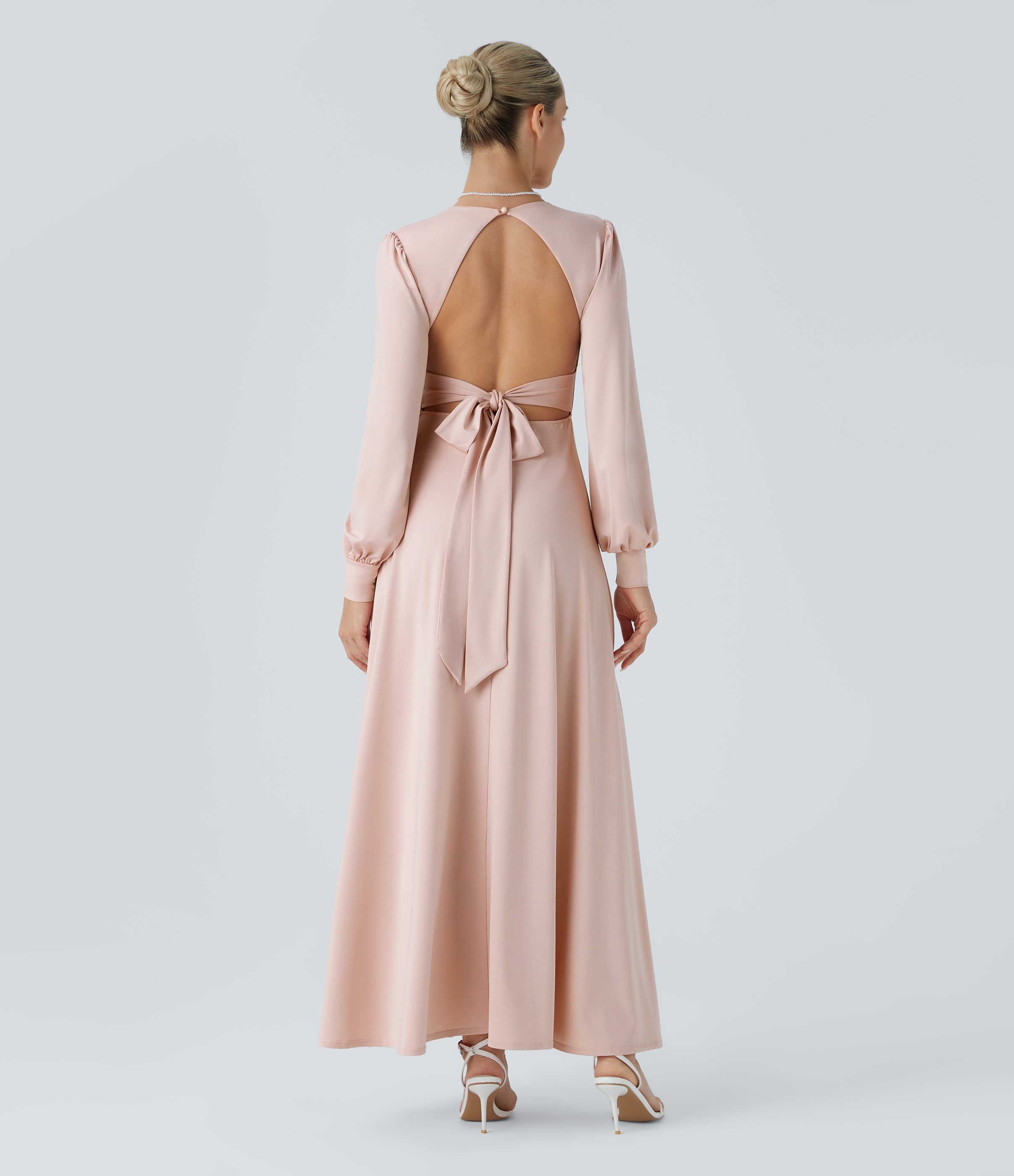 Peach Whip Vestido largo dama honor invitada boda cuello V manga larga sin espalda lazo espalda botón manga obispo / 1