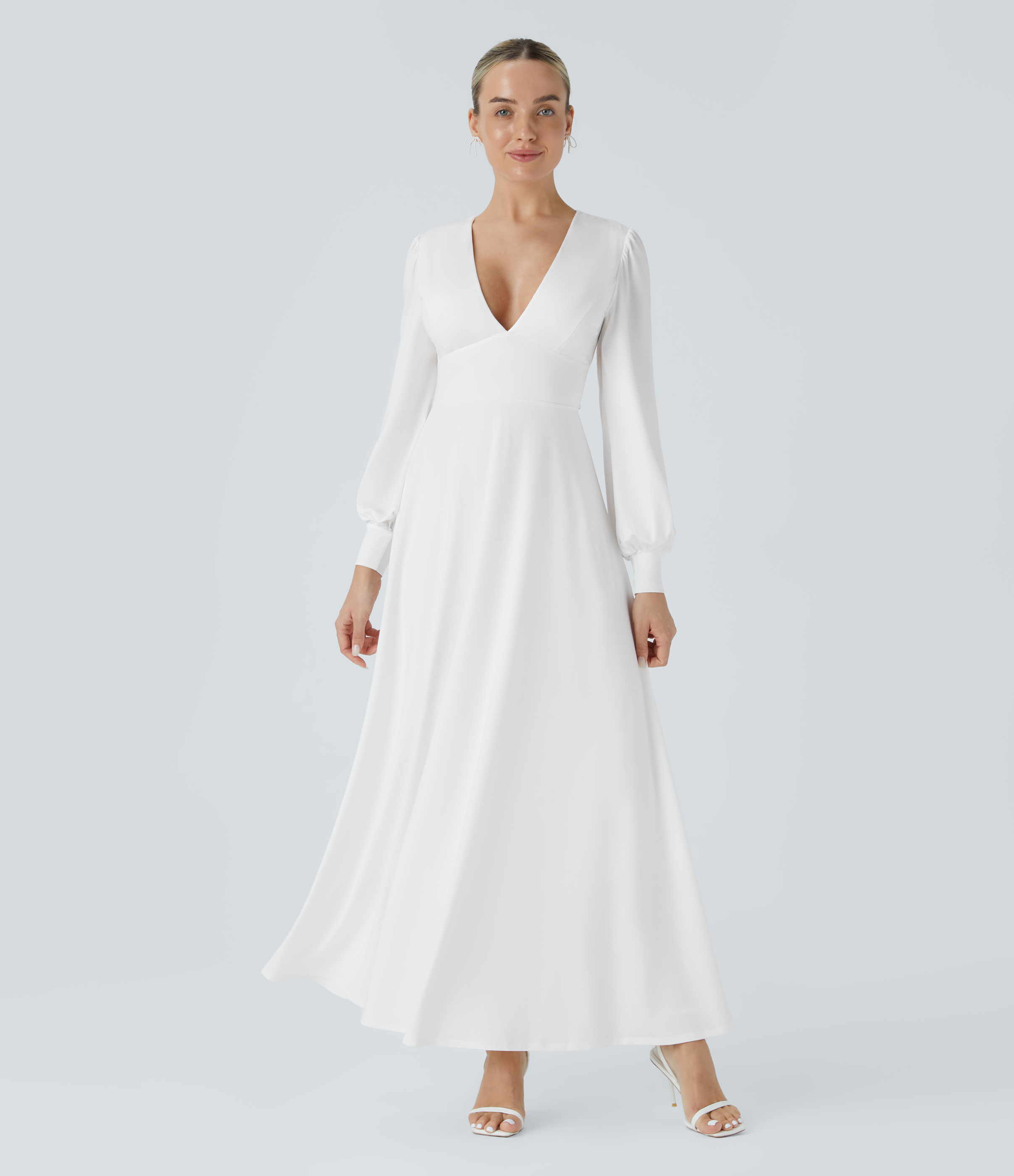 Weiß V-Ausschnitt Langarm Rückenband Bischofärmel Maxikleid / 2