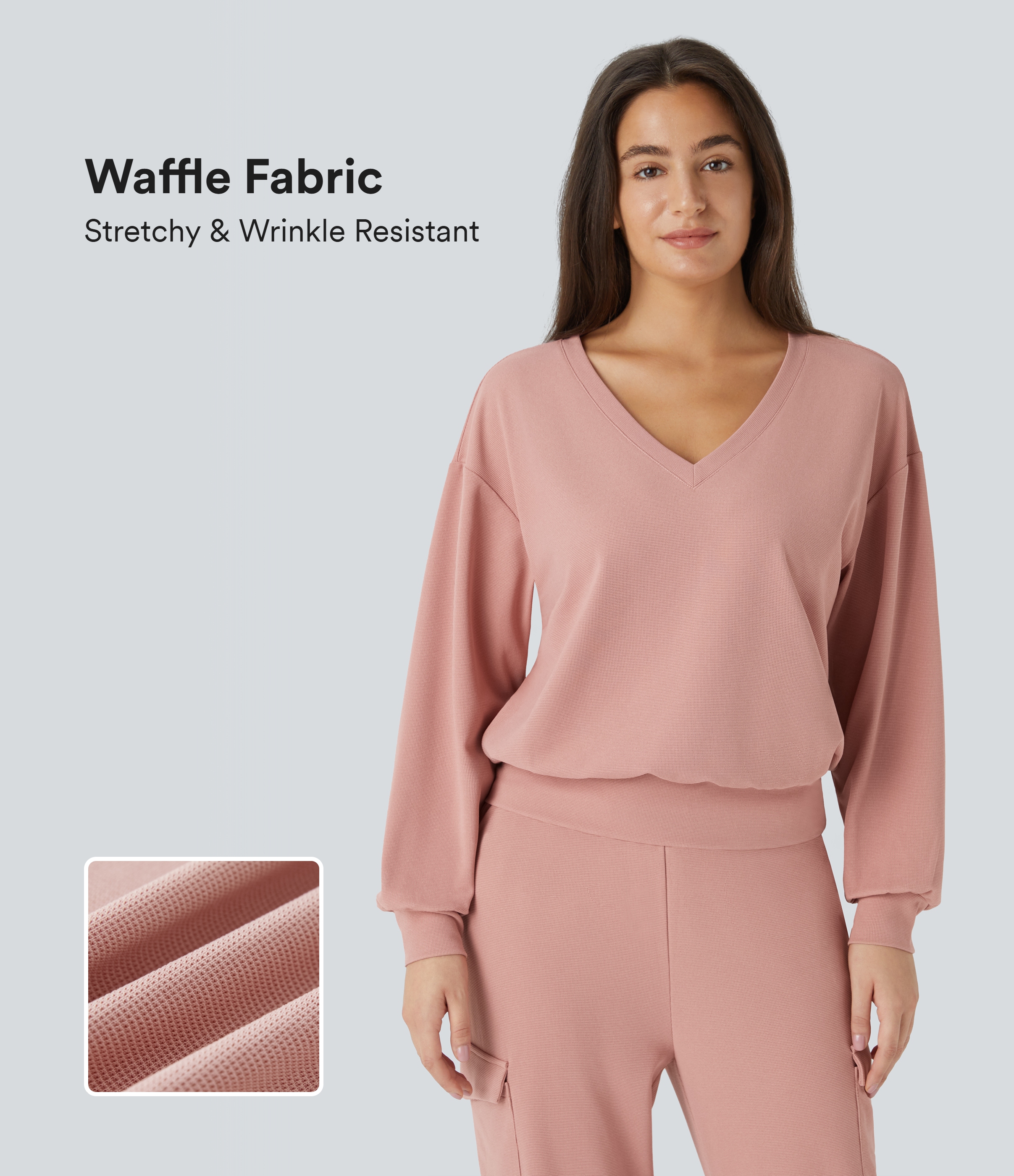 V Neck Dropped Shoulder Long Sleeve Waffle Casual Sweatshirt