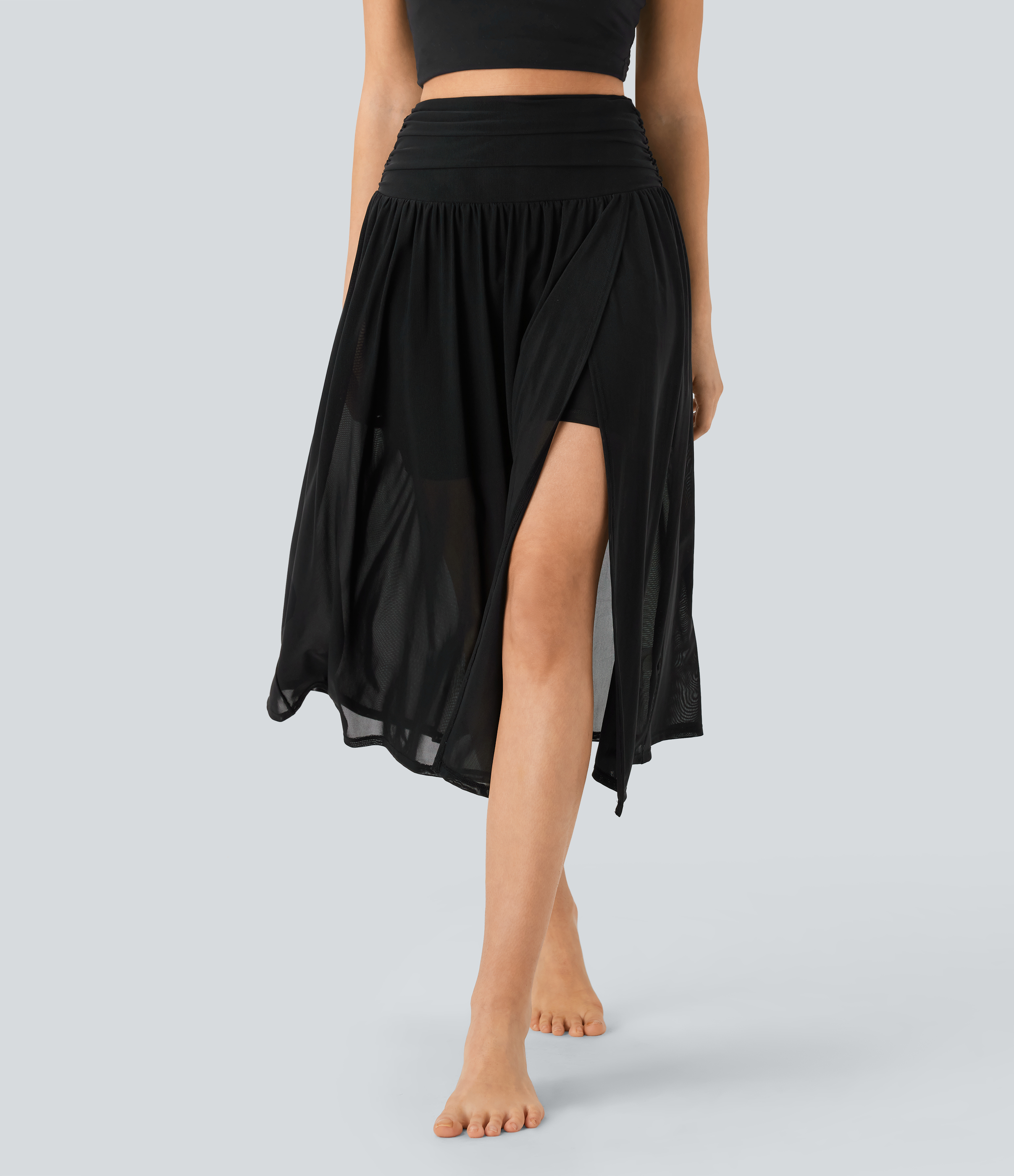 High Waisted 2-in-1 Flowy Midi Dance Skirt with Pocket