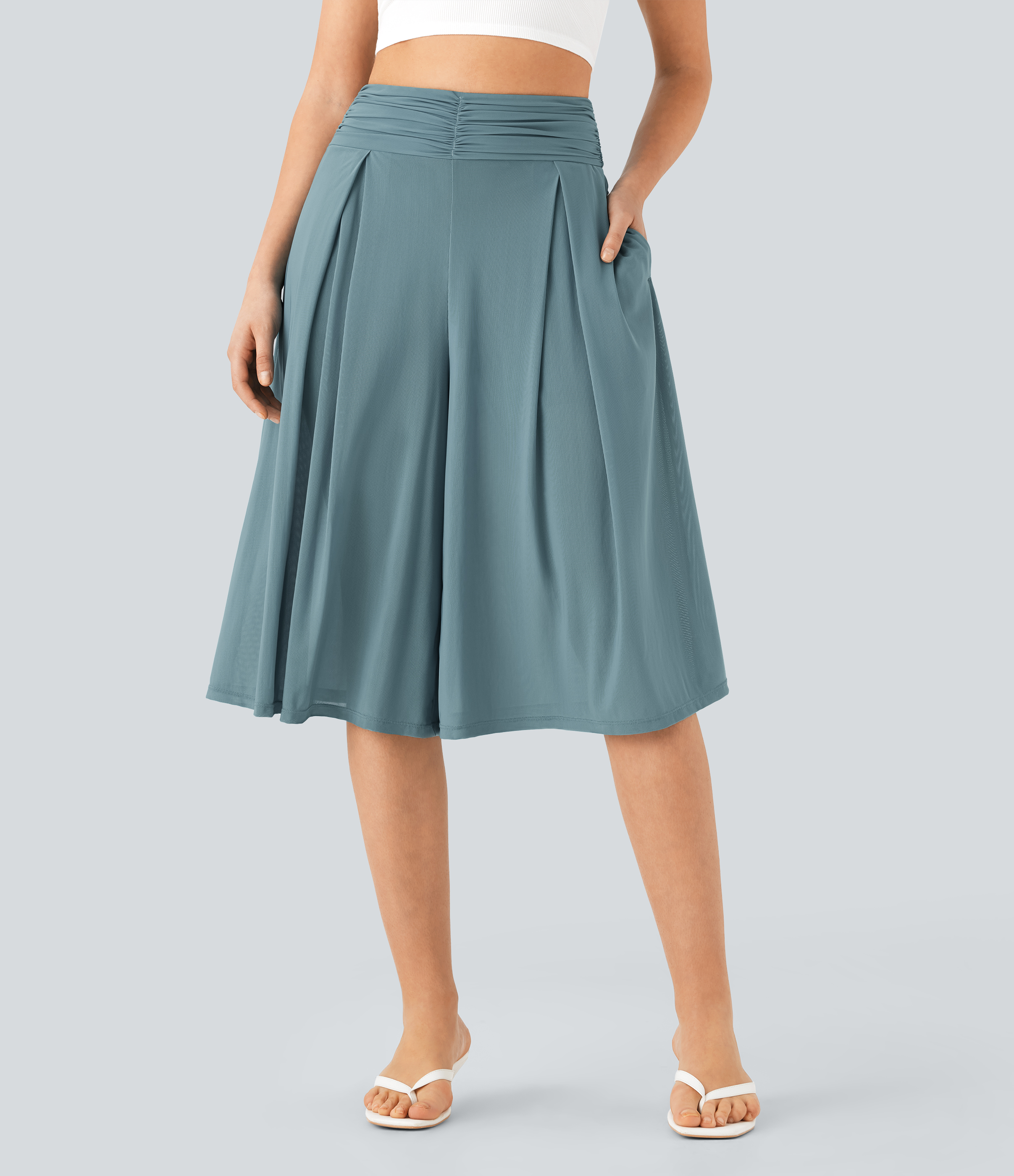 Stone Blue Pantalones de malla transparentes de cintura alta, 2 en 1, capri de pierna ancha con bolsillos / 1
