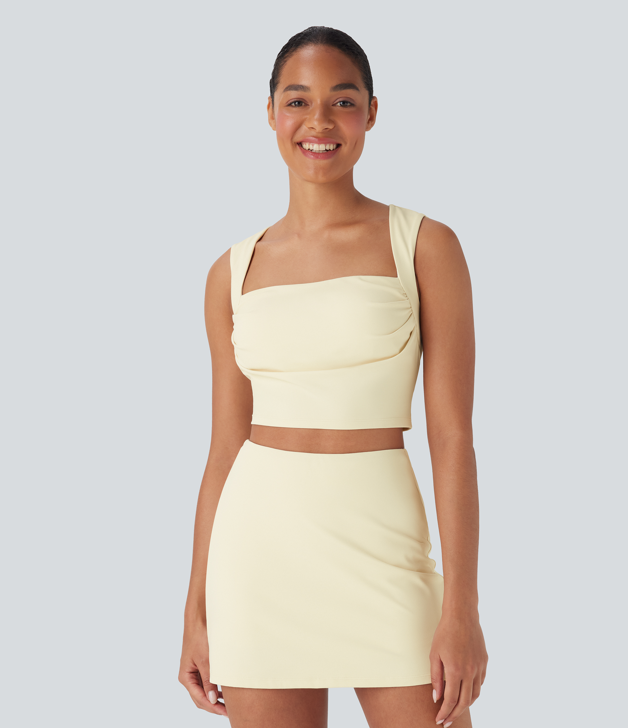 Ensemble Softlyzero™ Plush Débardeur Col Carré avec Fronces et Jupe de Yoga 2-en-1 Gainante avec Poche