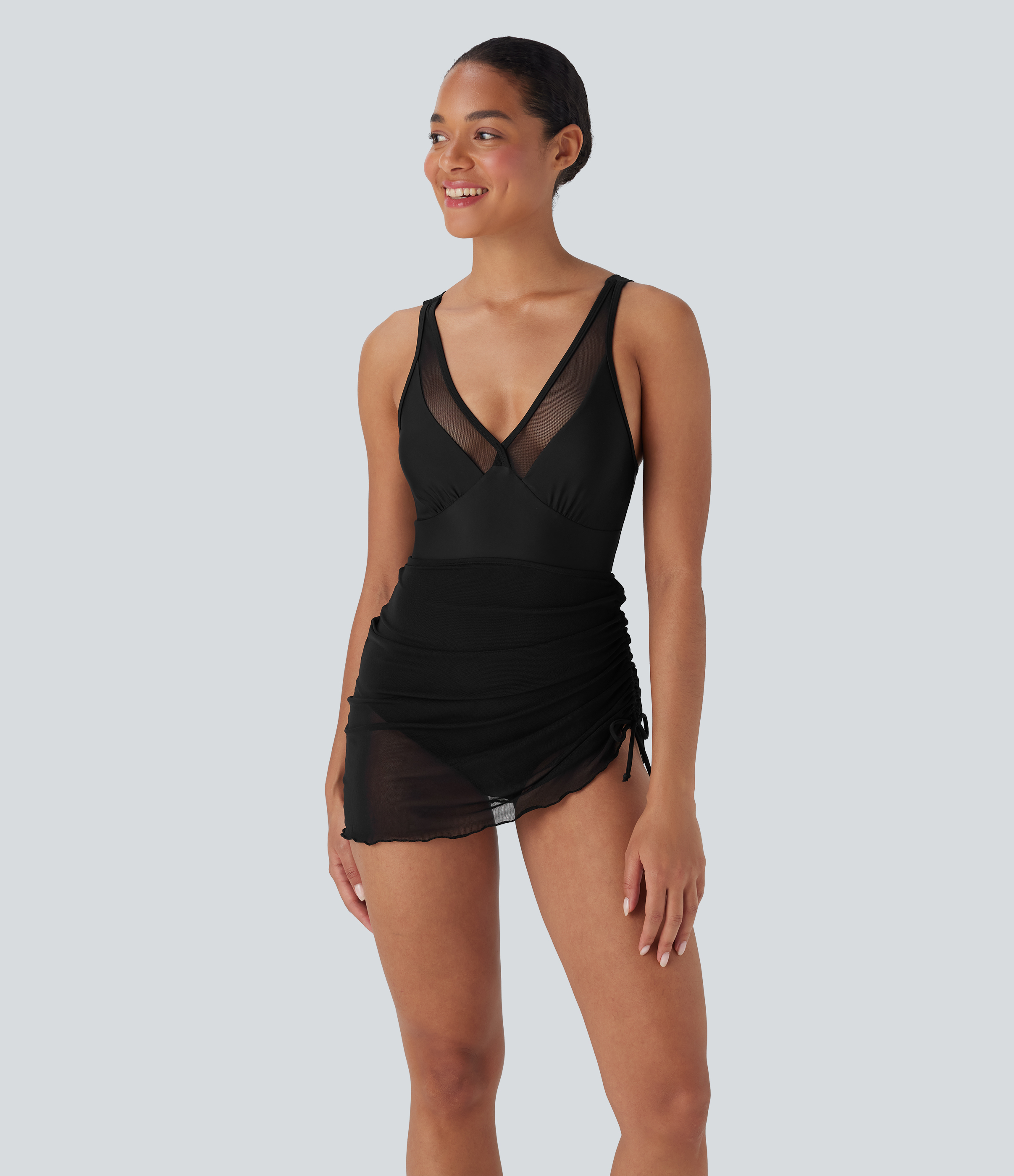 Contrast Mesh Drawstring One Piece Swimsuit