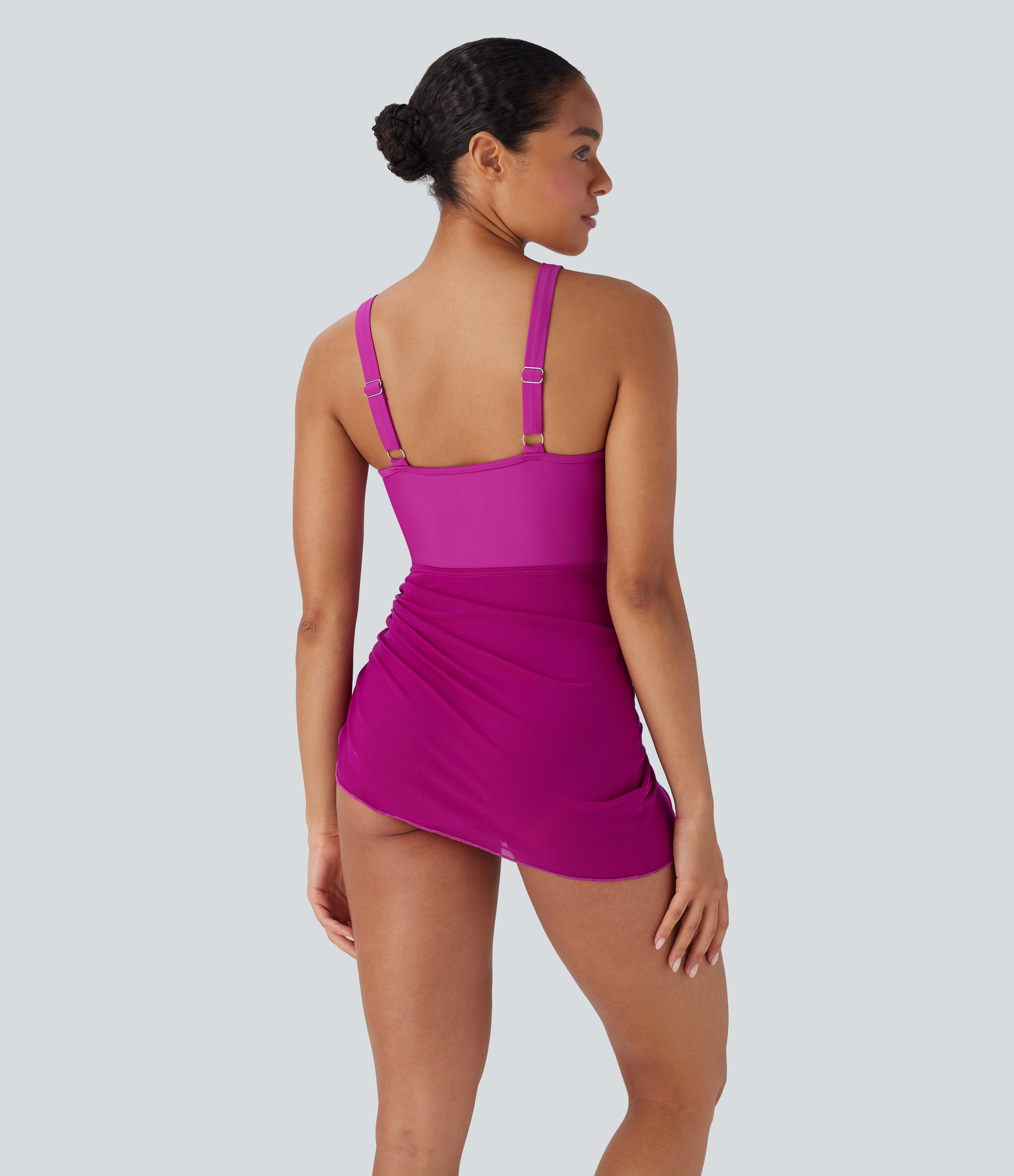 Rose Violet Traje de baño de una pieza con cordón ajustable y malla en contraste con espalda abierta / 2